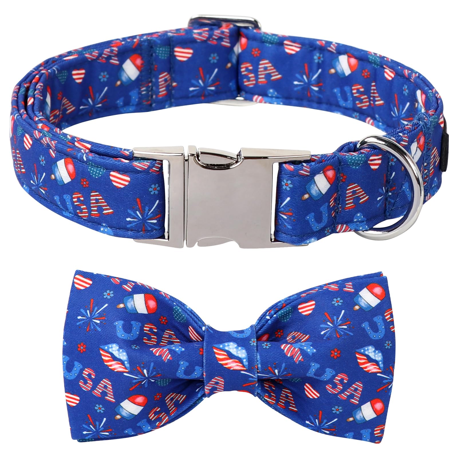 Lionet Paws 4Th Of July Dog Collar With Bowtie, Cute Summer Blue Dog Collar For Girl For Medium Dogs, Adjustable Popsicle Pet Co