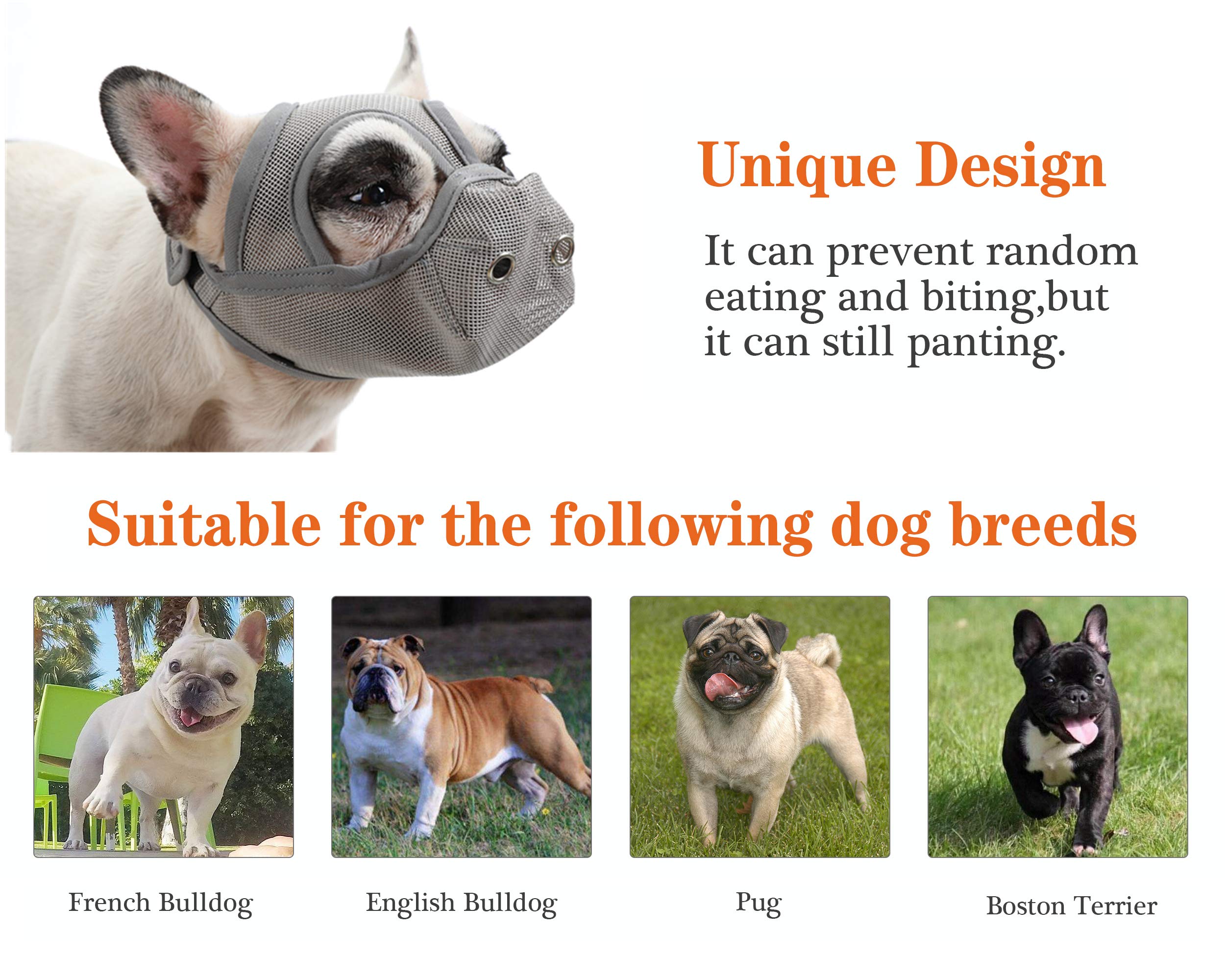 Cilkus Short Snout Dog Muzzles - Bulldog Muzzle Adjustable Breathable Mesh Dog Muzzle Can Stick Out Tongue And Drink Water Anti-Biting And Training Dog (M (16.5' -17.3'), Grey)