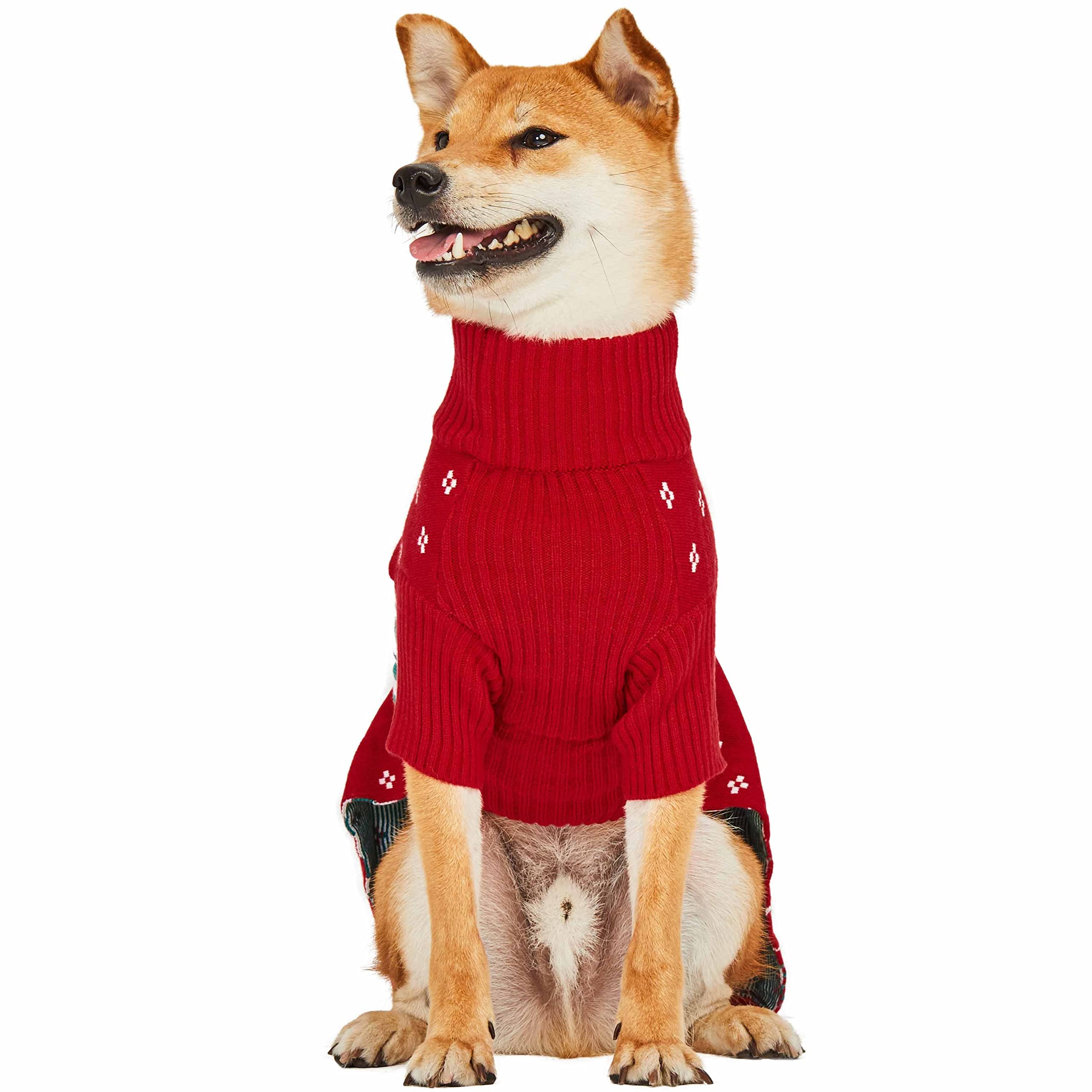 Blueberry Pet Christmas Tree and Snowflake Dog Sweater in Festive Red, Back Length 20, Pack of 1 Clothes for Dogs
