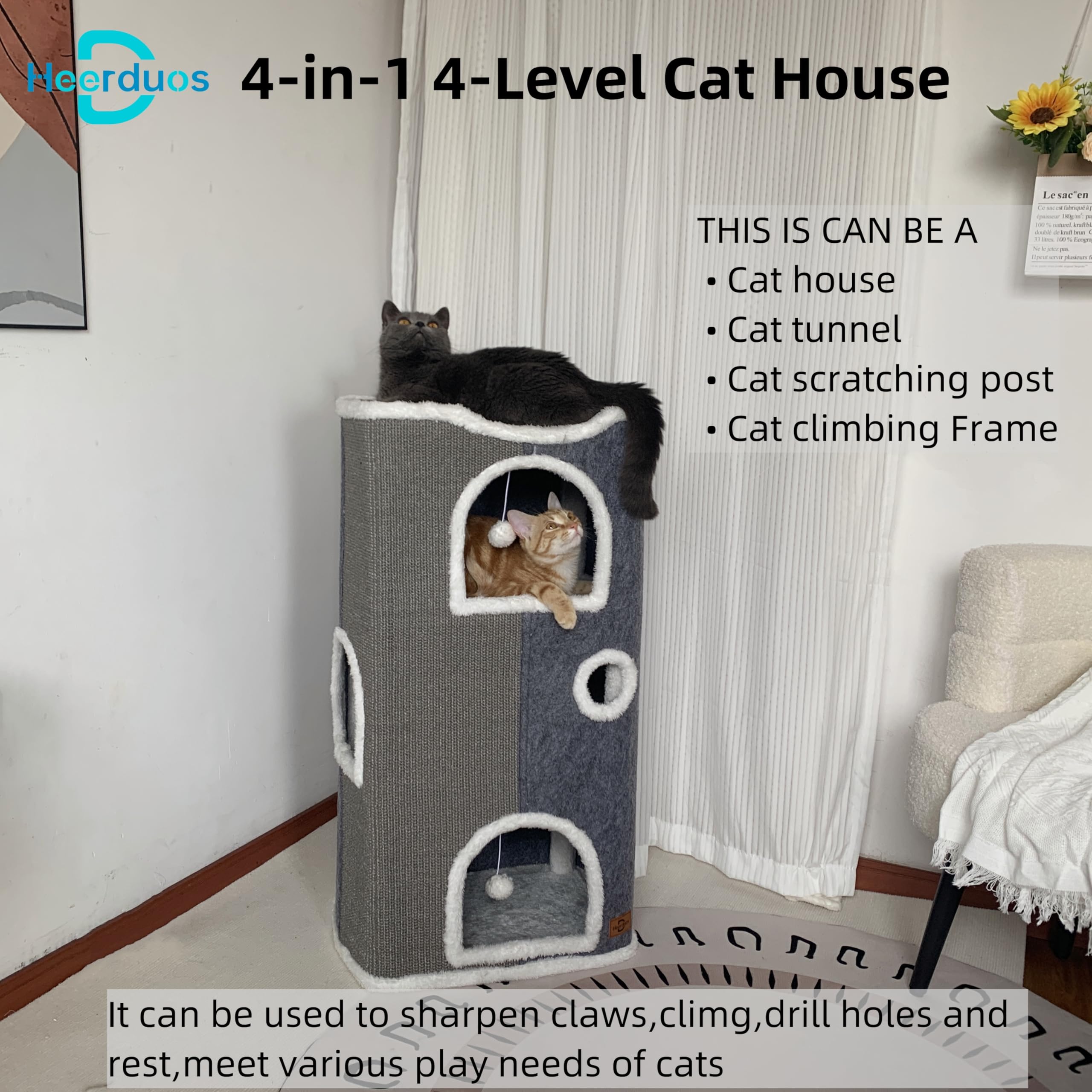 Heerduos 4-Level Cat House - Gray Covered Cat Bed with Scratch Pad & Cushions, Modern Condo for Small and Large Cats (17"x13"x33")