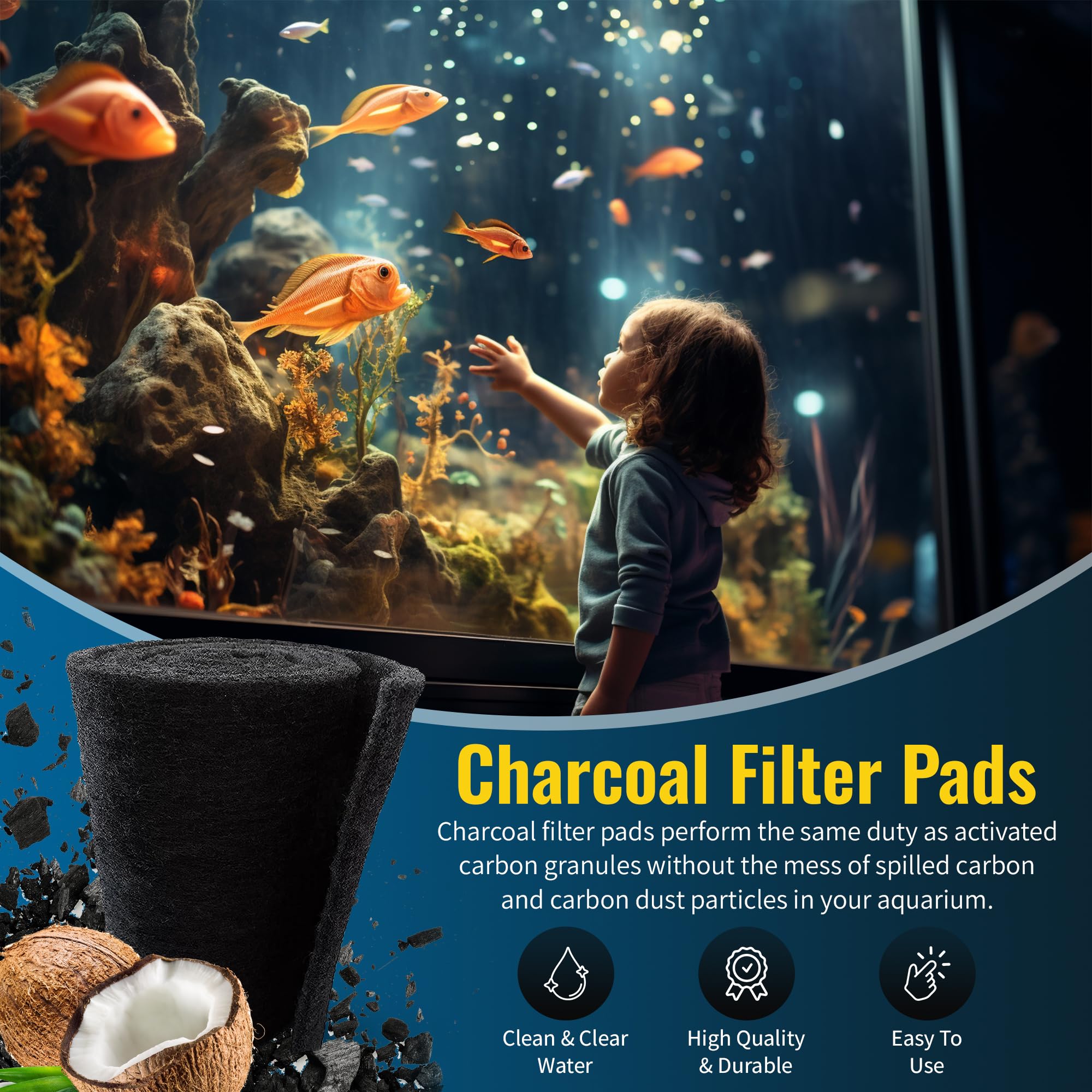 Aquarium Carbon Pad - Cut To Fit Carbon Infused Filter Pad Media For Clean & Clear Fish Tank And Ponds (Carbon Filter - 5/8'' Th