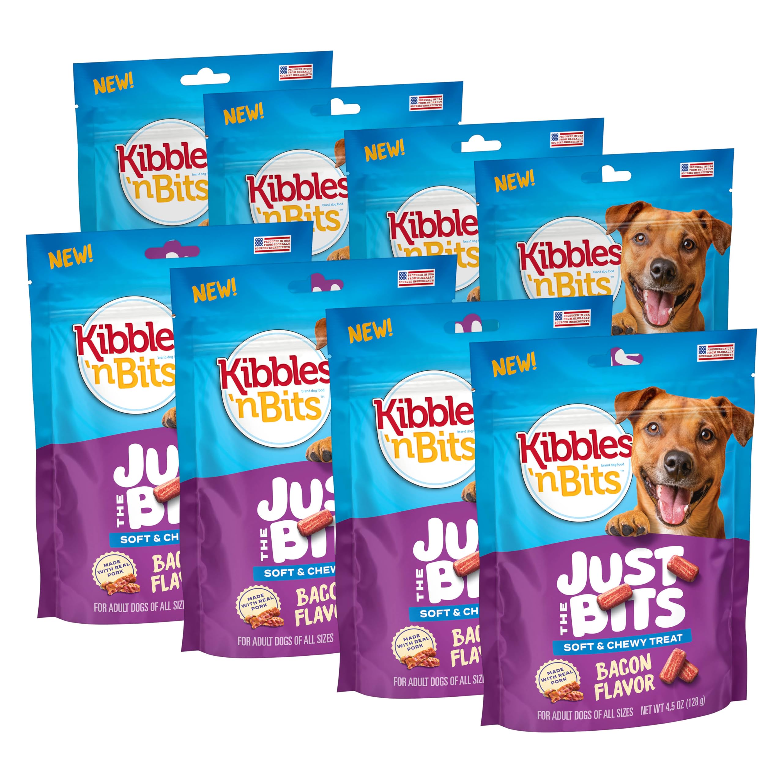 Kibbles n Bits Just The Bits Chewy Dog Treats, Bacon Flavor, Dog Snacks, 4.5 oz Bags (Pack of 8)