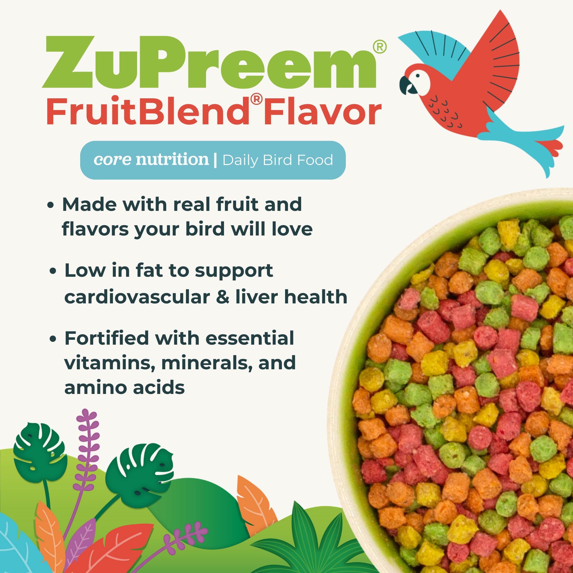 ZuPreem FruitBlend Bird Pellets, Daily Bird Food for Parakeet, Budgie, Parrotlet, Dove, Core Nutrition for Small Birds, Made in