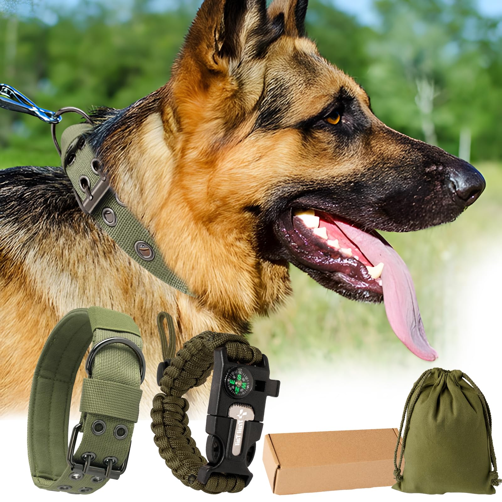 Heavy Duty Dog Collar, Tactical Green Paracord Collar With Survival Bracelet, Metal Buckle And Patches, Fits German Shepherd, Pi