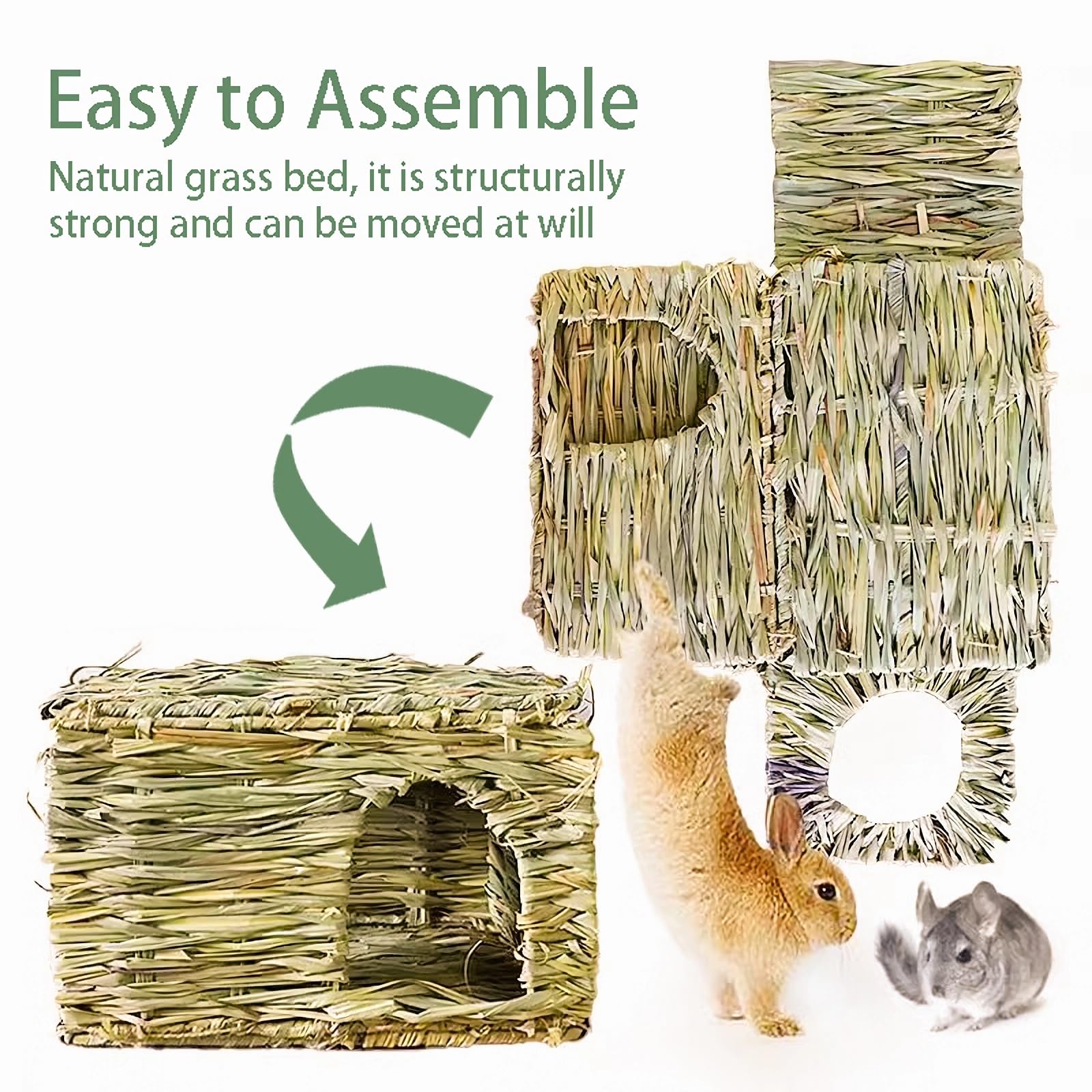 Wuweot 2 Pack Large Grass Bunny House, Foldable Woven Animal Hut, Play Hideaway Bed Hay Mat Chew Toy For Rabbit, Guinea Pigs, Ge