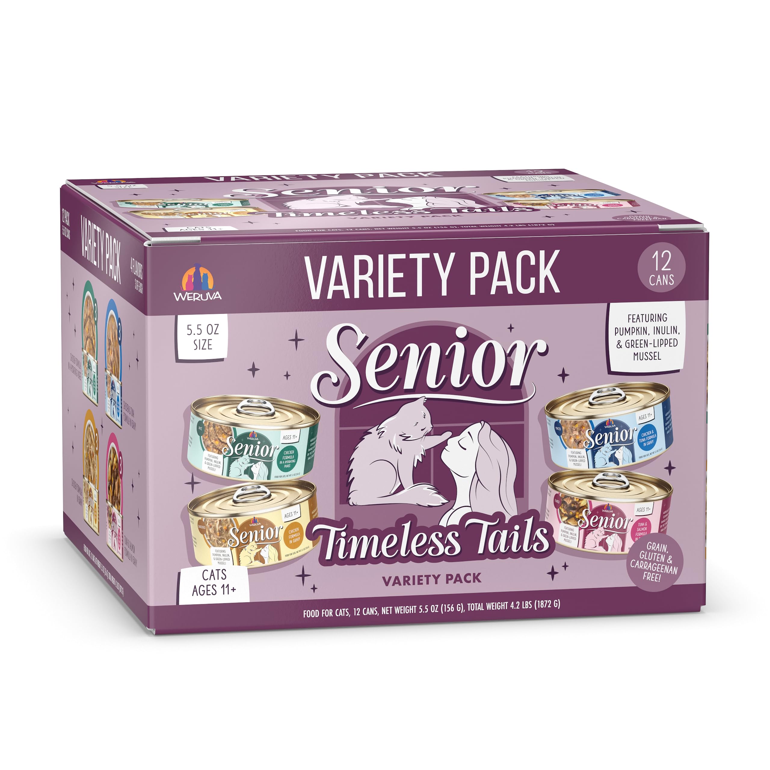 Weruva Senior Cat Food, Timeless Tails Variety Pack, 5.5oz Can, Pack of 12