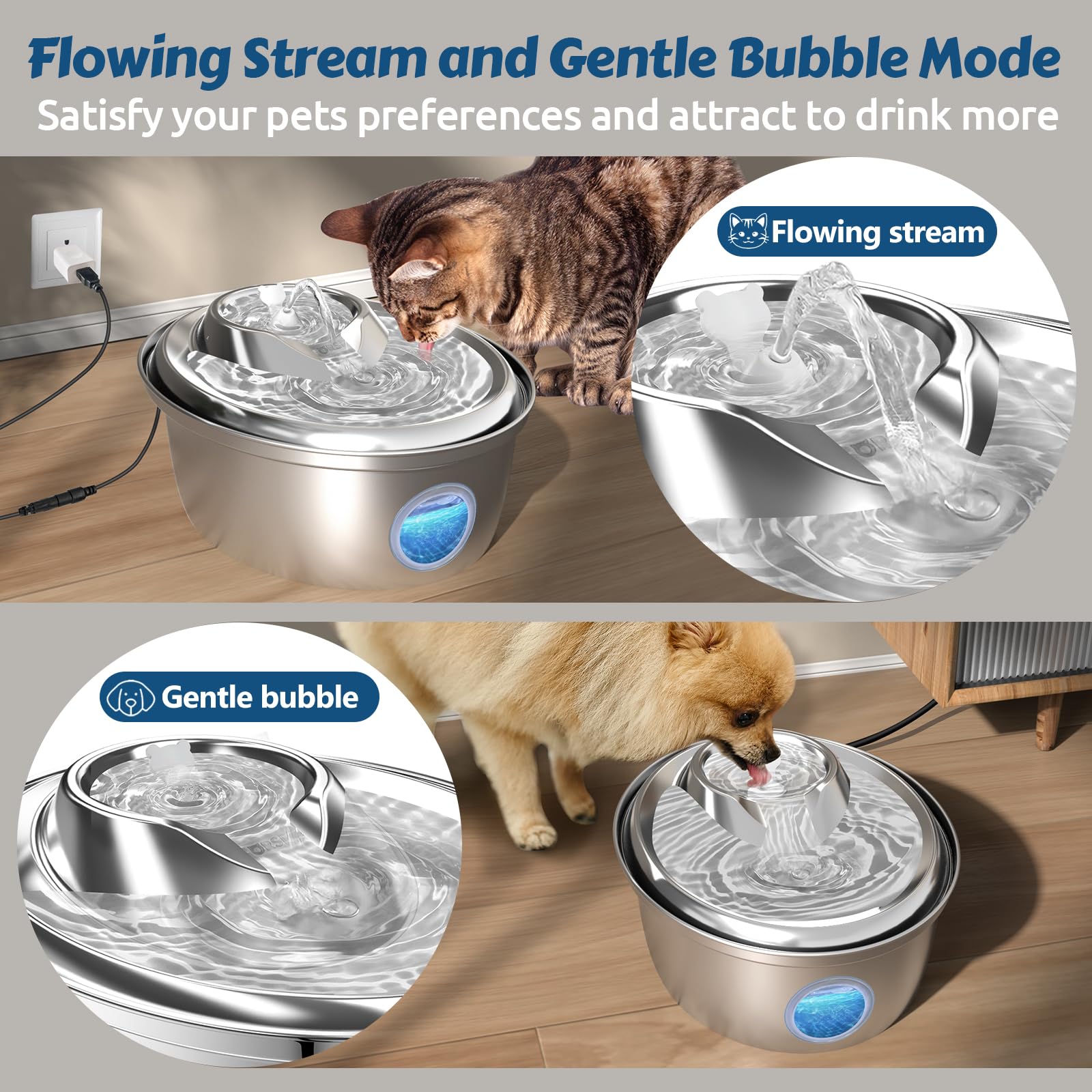 Orsda Stainless Steel Cat Water Fountain, 100Oz/3L Automatic Pet Drinking Fountain, Dog Water Dispenser Bowl With Led Window For