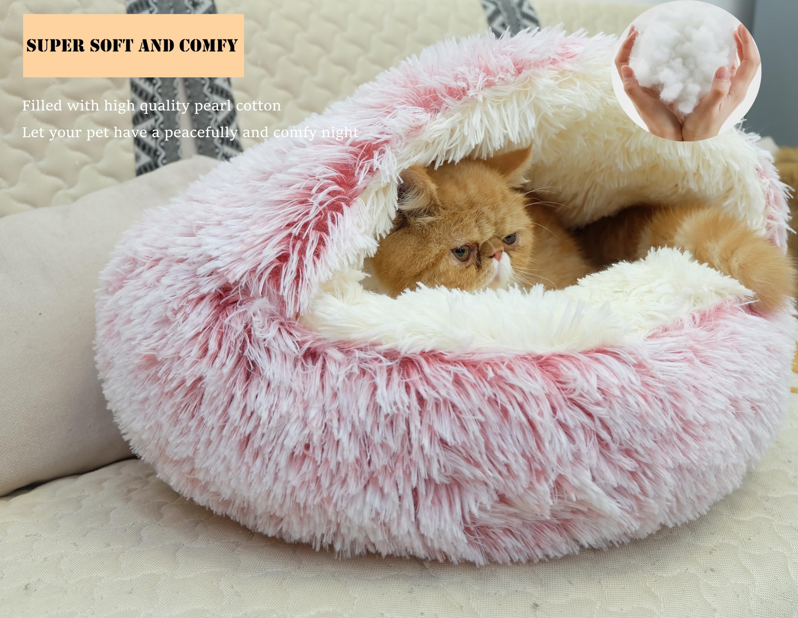 Zanesun Calming Round Dog Bed & Cat Cave With Hooded Cover, Plush Fluffy Anti-Anxiety Cat Bed, Waterproof Bottom Washable (Pink,
