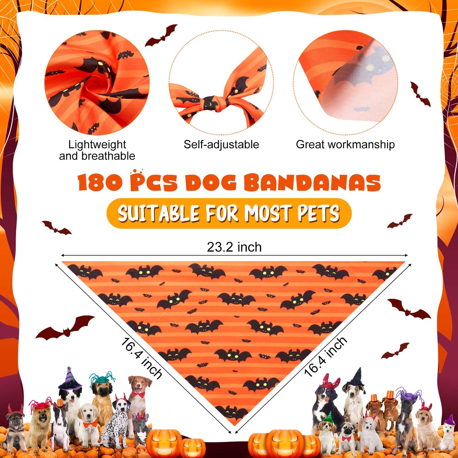 Aliceset 180 Pcs Halloween Dog Bandanas Bulk Halloween Bandana for Dog Adjustable Washable Pet Triangle Scarf Cute Kerchief Scar