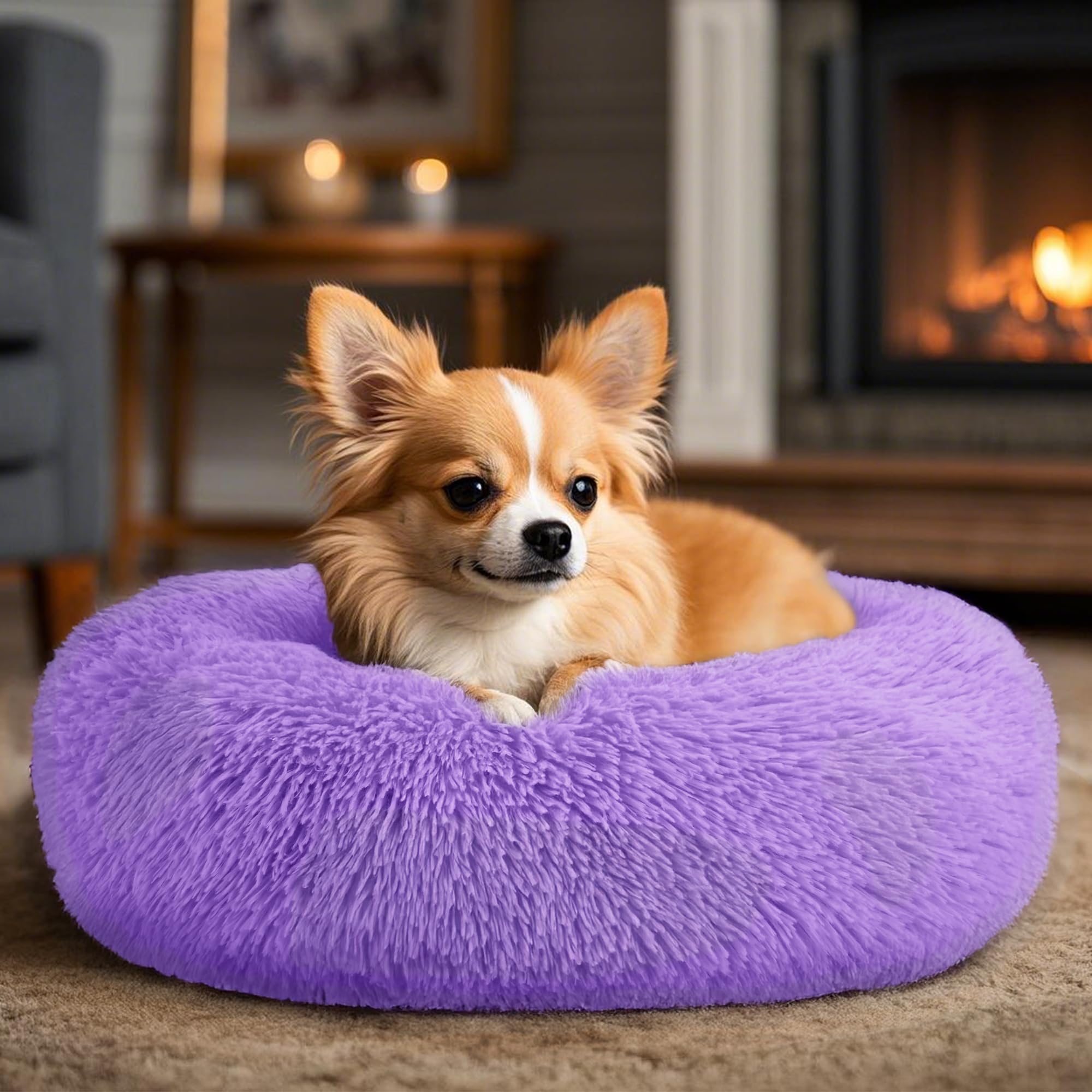 Dogs Bed for Small Dogs, Anti-Anxiety Washable Round Bed (Purple, 24.0 L x 24.0 W x 8.0 Th)