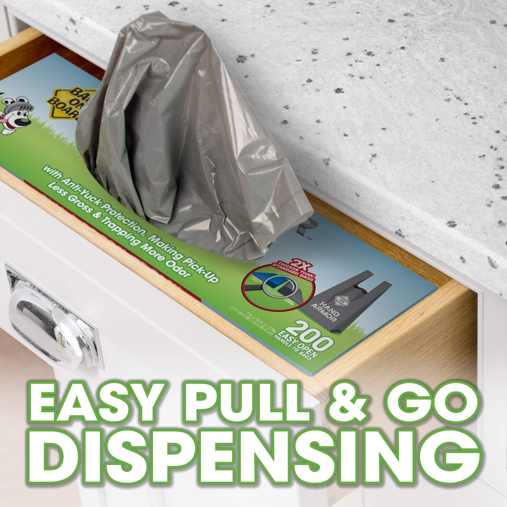 Bags on Board Dog Poop Bags, Extra Thick Waste Pickup Bags with Easy Tie Handles, 200 Count Drawer Pack