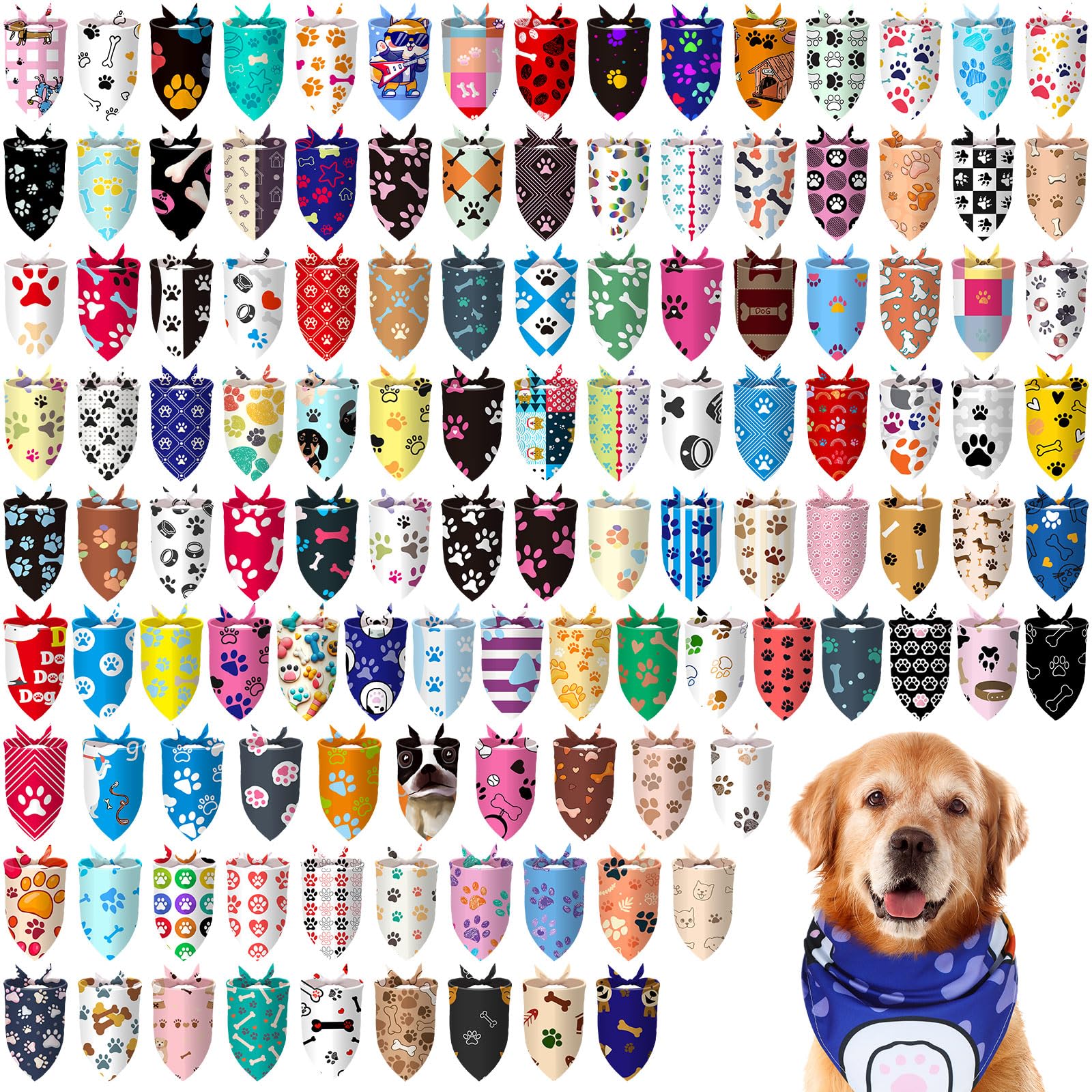 Huhumy 100 Pcs Paw Dog Bandanas Bulk Paw XL Pet Bandanas Colorful Triangle Pet Bibs Scarfs for Medium Large Dogs Spring Summer B