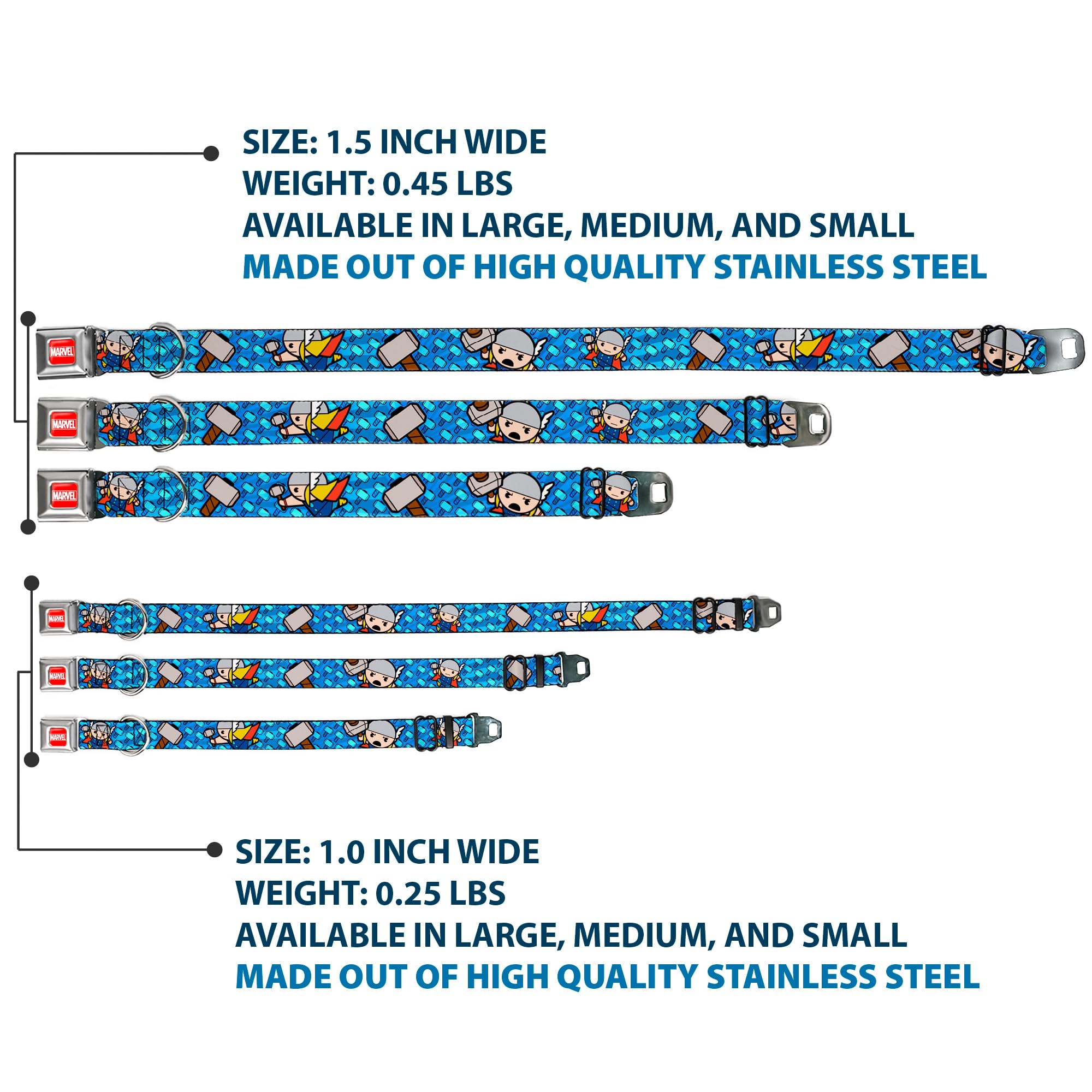 Buckle-Down Dog Collar Seatbelt Buckle Kawaii Thor Poses Hammer Monogram Blues, Multicolor, 1.5' Wide - Fits 18-32' Neck - Lar