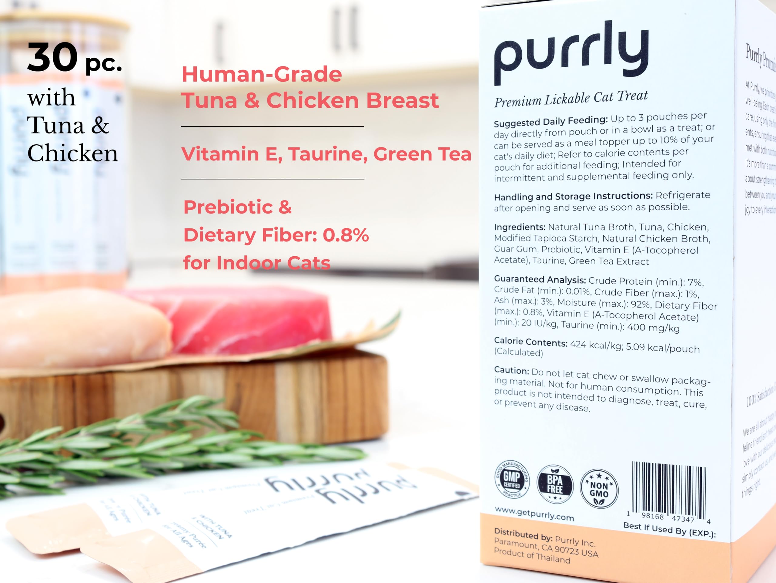 Purrly Cat Treat Topper Lickable Wet Squeezable Healthy Human-Grade Tuna & Chicken Breast with Prebiotic and Dietary Fiber for I