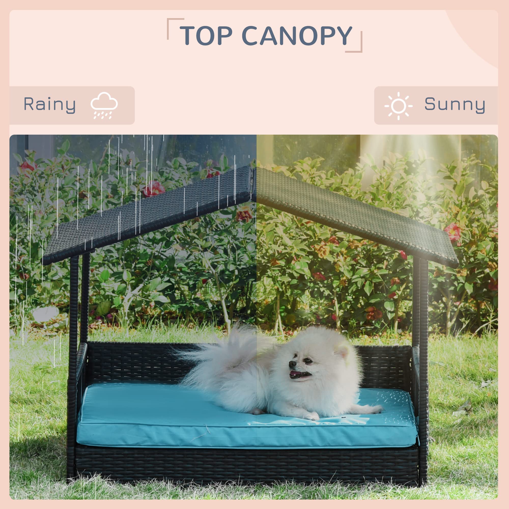 PawHut Wicker Dog House Elevated Raised Rattan Bed for Indoor/Outdoor with Removable Cushion Lounge, Blue