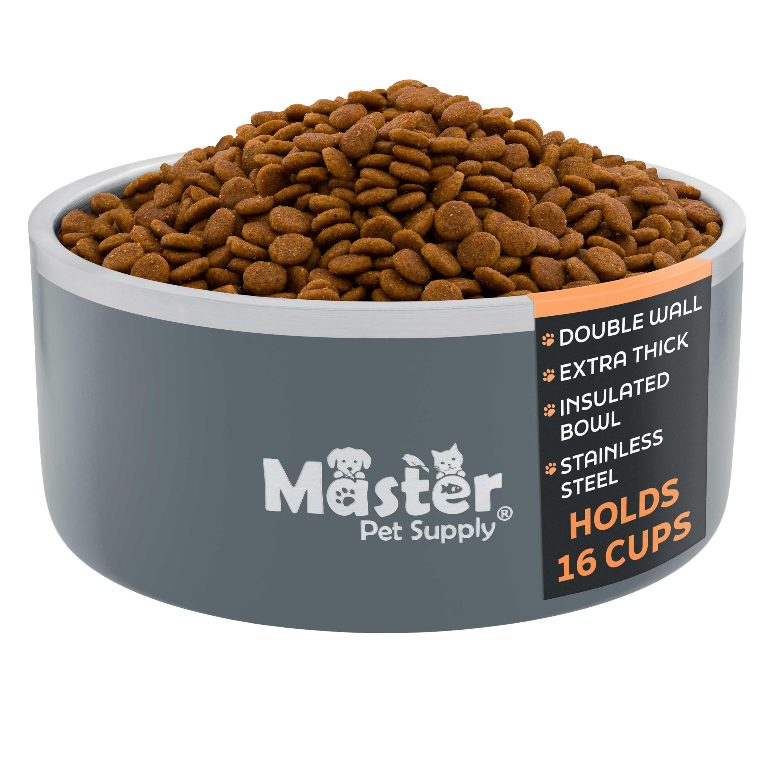 Master Pet Supply Stainless Steel Dog Bowls - 128 oz, Heavy Duty - Graphite, Double Wall Extra-Thick Insulated, Non-Slip Pet Wat