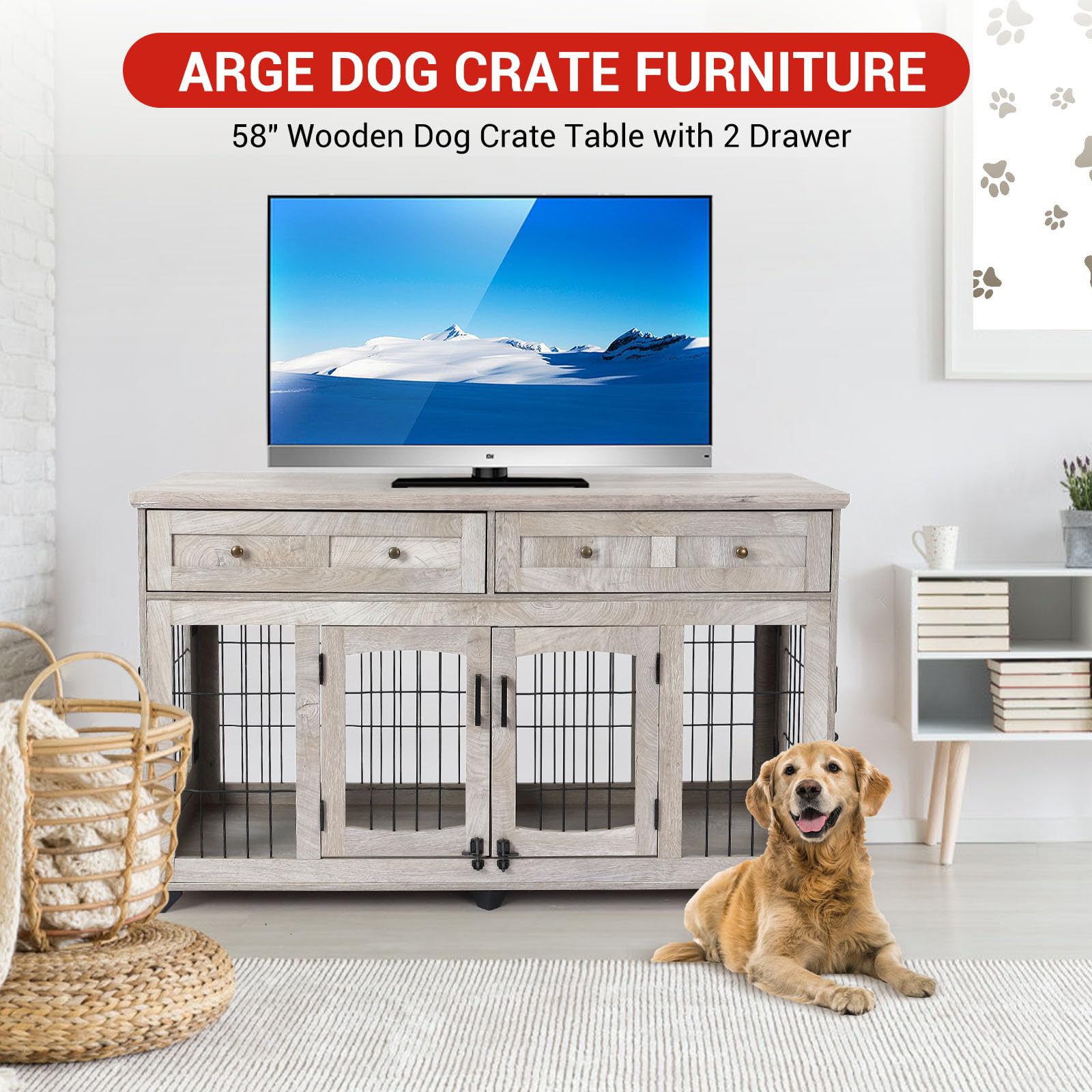 Dog Crate Furniture with 5 Doors, 58 Wooden Dog Kennel End Table with Large Capacity Drawers, Dog House with Openable Divider fo