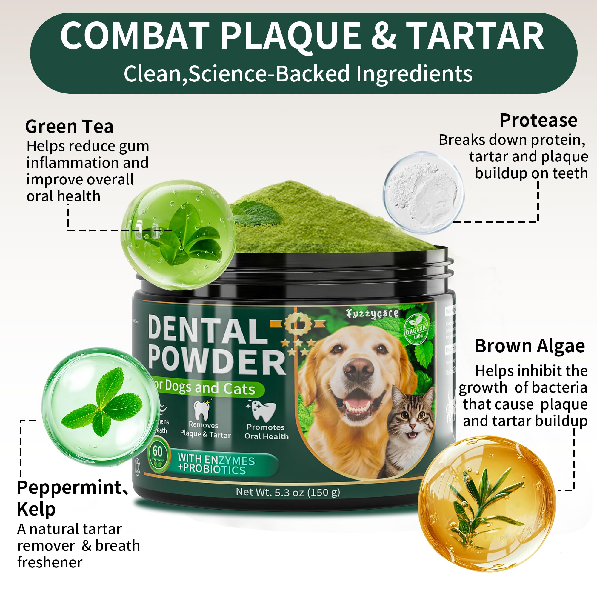 Dog Dental Powder, Dog Teeth Cleaning Powder with Natural Herbal Blend, Plaque Off Pet Tooth Cleaning lab co, Targets Tartar & R