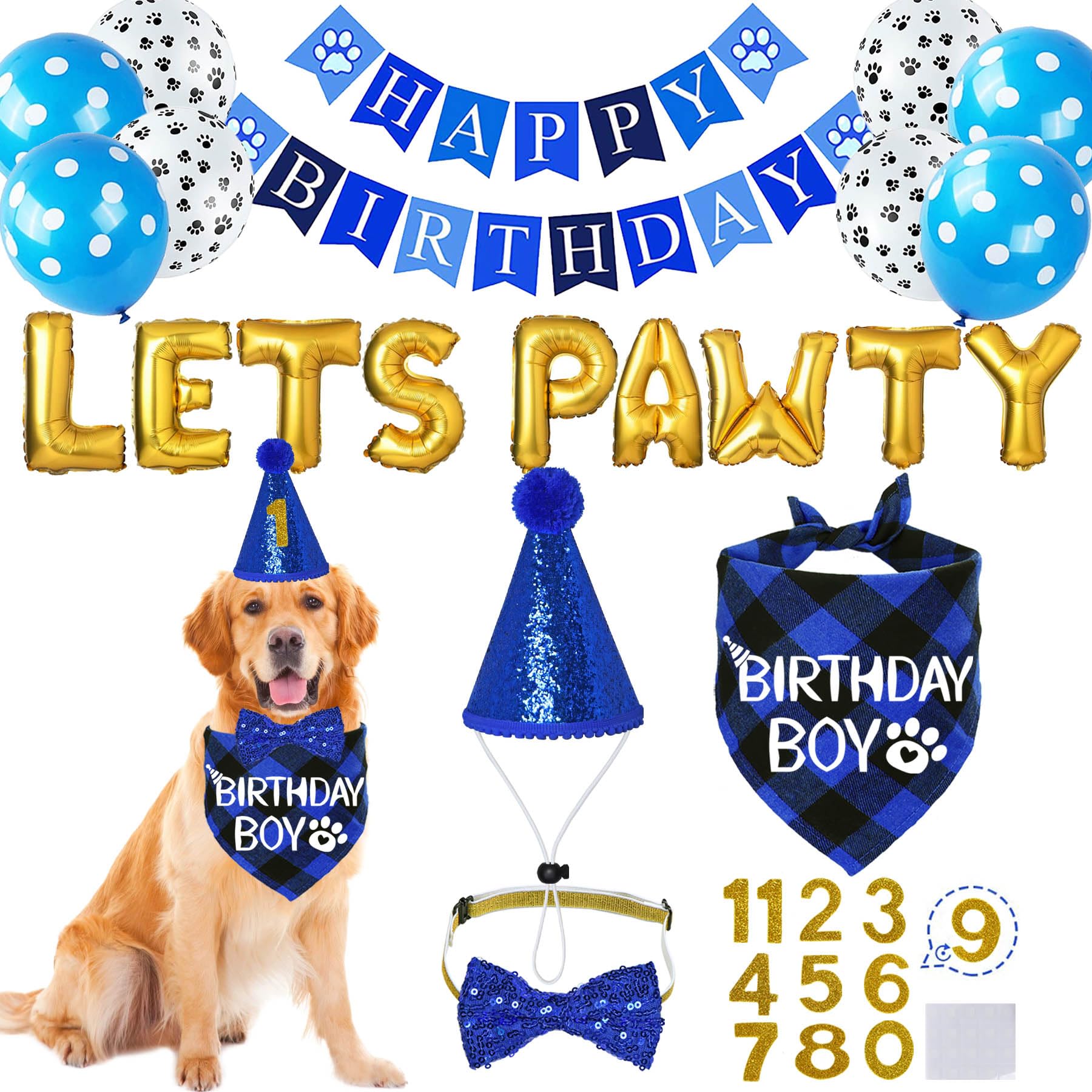 Stmk Dog Bandana & Boy Dog Hat Set With Numbers Bow Tie Birthday Banner, 'Let'S Pawty' Balloons - X-Large, Blue