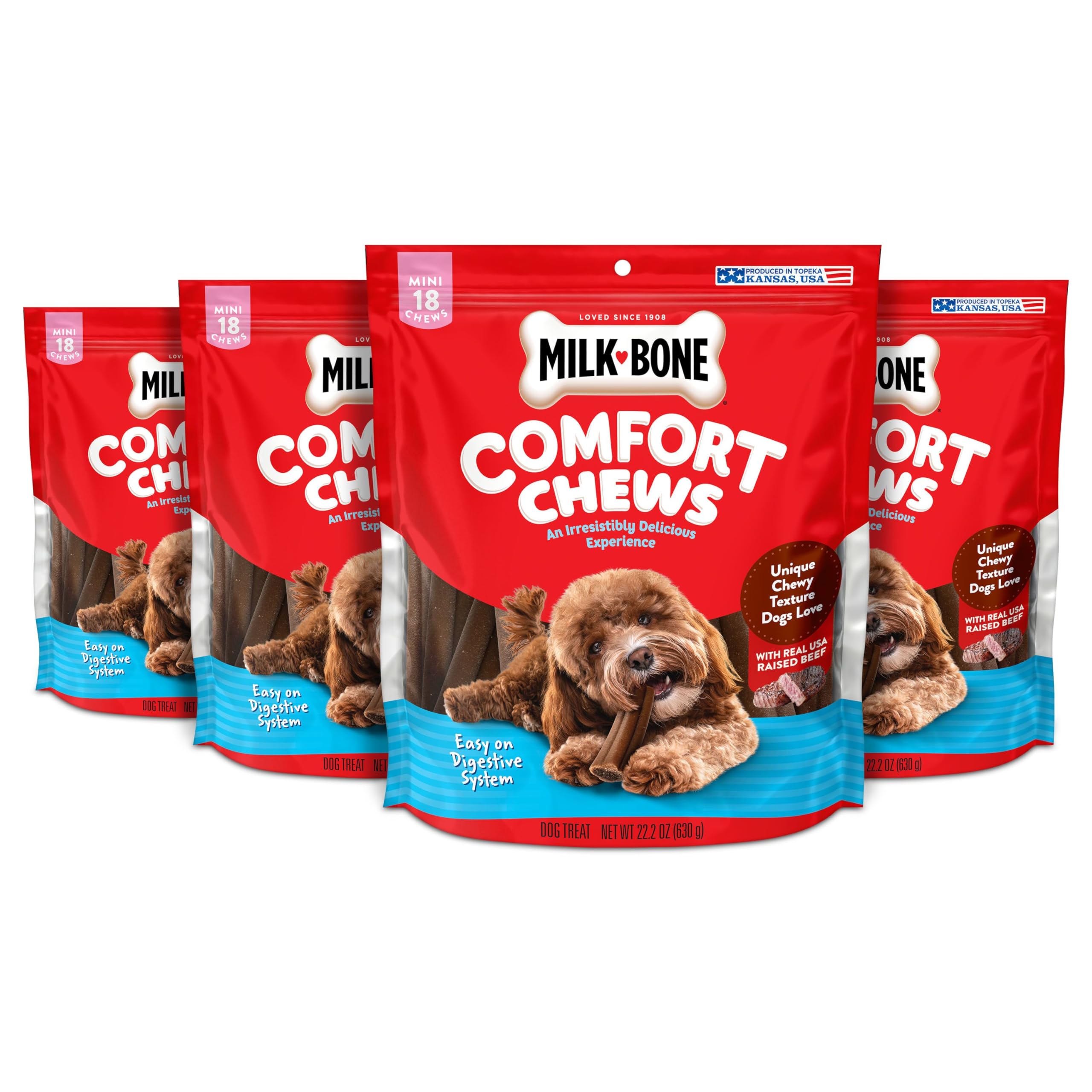 Milk-Bone Mini Comfort Chews, Rawhide Free Dog Treats with Unique Chewy Texture and Real Beef, 18 Mini Chews (Pack of 4)