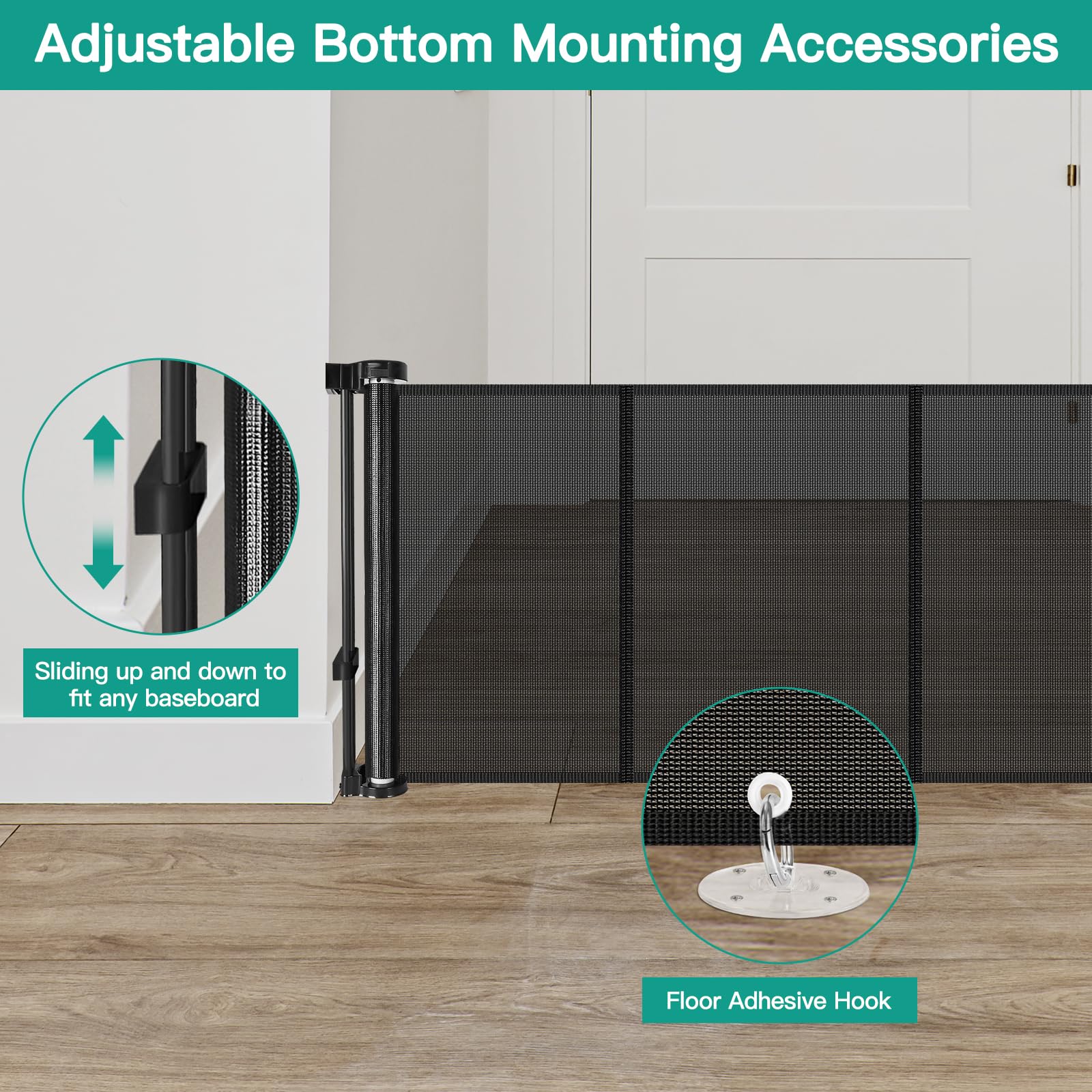 24 Inch Tall x 150 Inch Extra Wide Retractable Dog Gate for The House, Short Baby Gate to Step Over, Reinforced Mesh Puppy Gate
