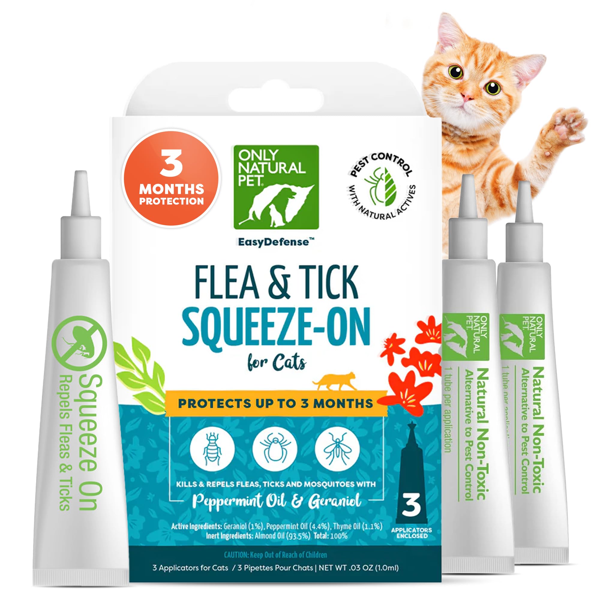 Only Natural Pet Flea and Tick Prevention for Cats - EasyDefense Squeeze-On Drops, 3-Month Supply, Model mp-999521