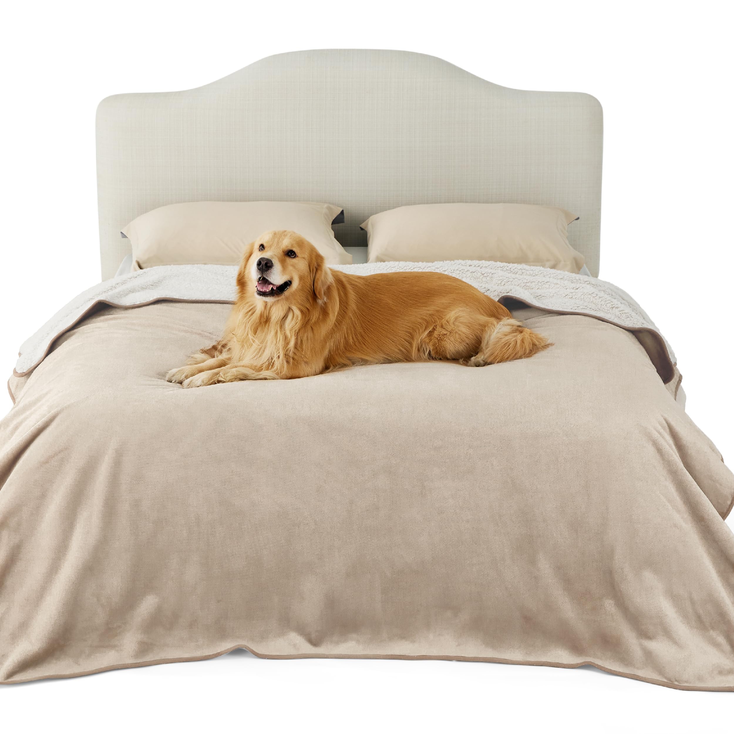 Bedsure Waterproof Blanket For Bed - Sherpa Fleece Waterproof Dog Blankets For Large Dogs, Pet Blankets For Bed/Couch/Dog Crate, Soft Plush Reversible Furniture Protector, Queen Size, 90'X86', Cream