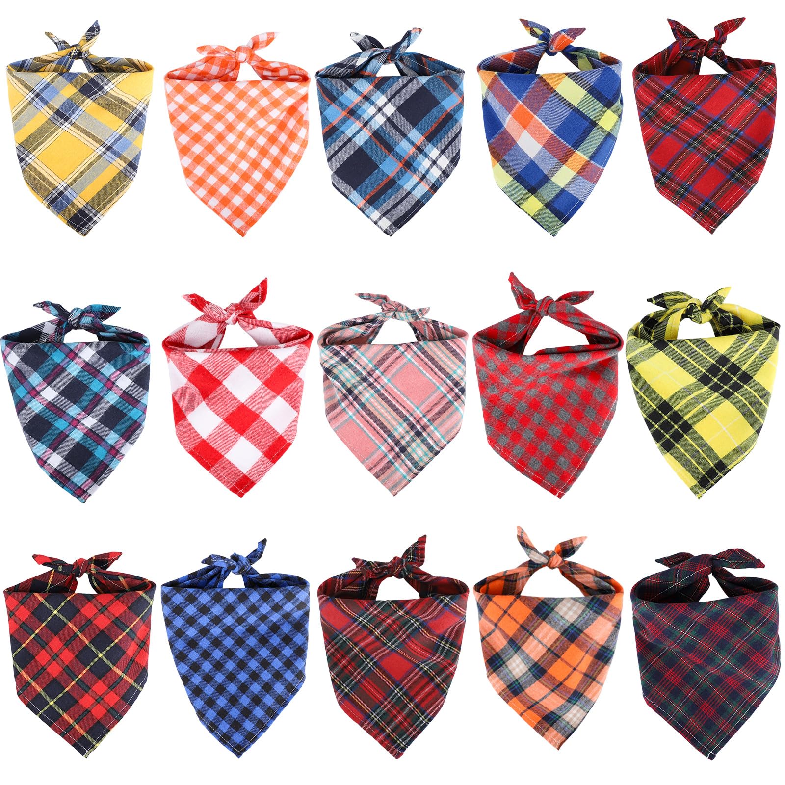 Segarty 15 Pack Triangle Plaid Dog Bandanas, 22.8''X15.7'' Pet Scarf Washable Bibs Accessories Bulk For Small Medium Dogs Cats L