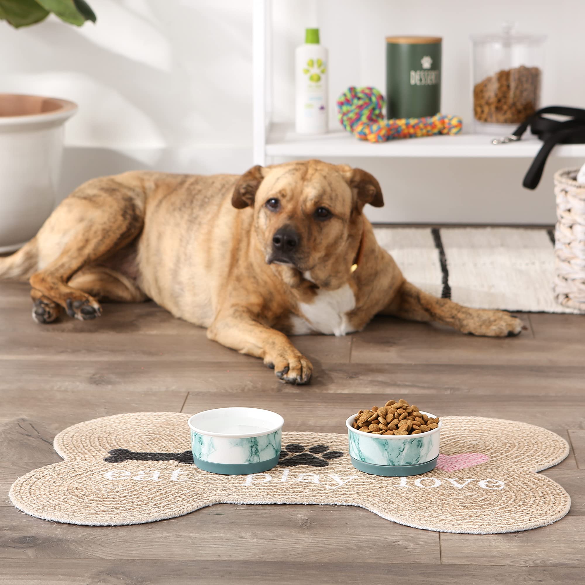 Bone Dry Ceramic Marble Non-Slip Pet Bowls, Dishwasher Safe, Small Set, 4.25x2, Teal, 2 Count