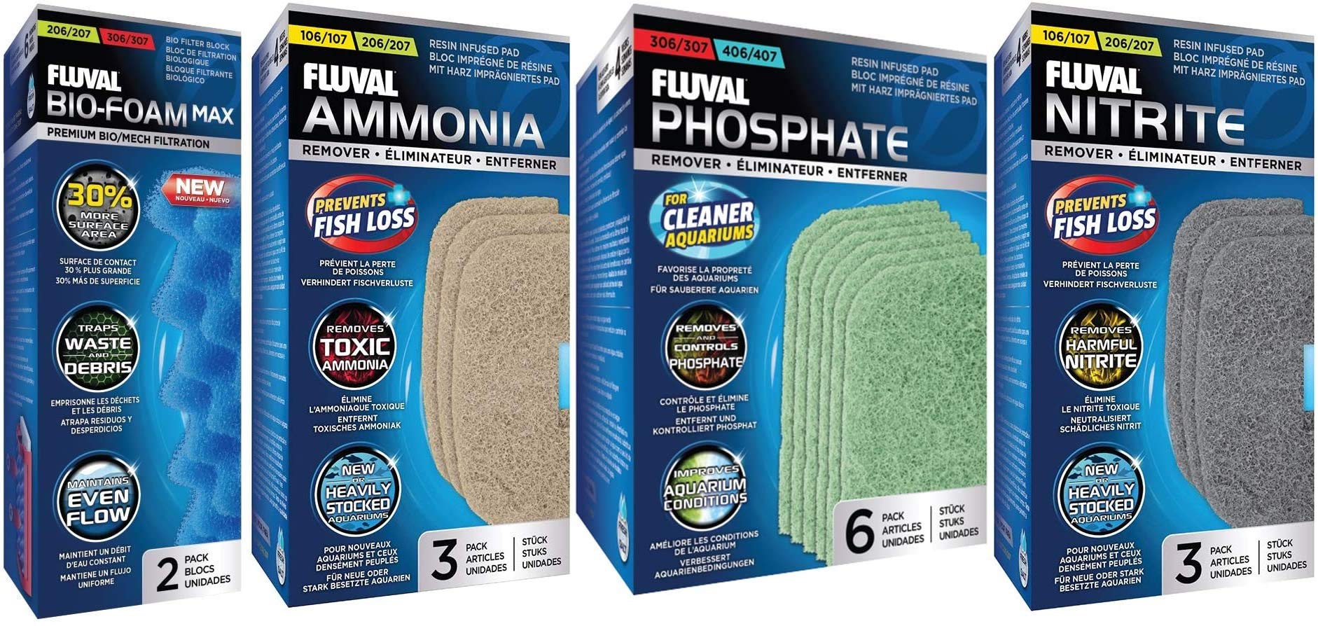 Fluval Bundle Of 4 Replacement Medias For 207 Aquarium Filters: Bio-Foam, Ammonia Remover, Phosphate Remover, Nitrite Remover