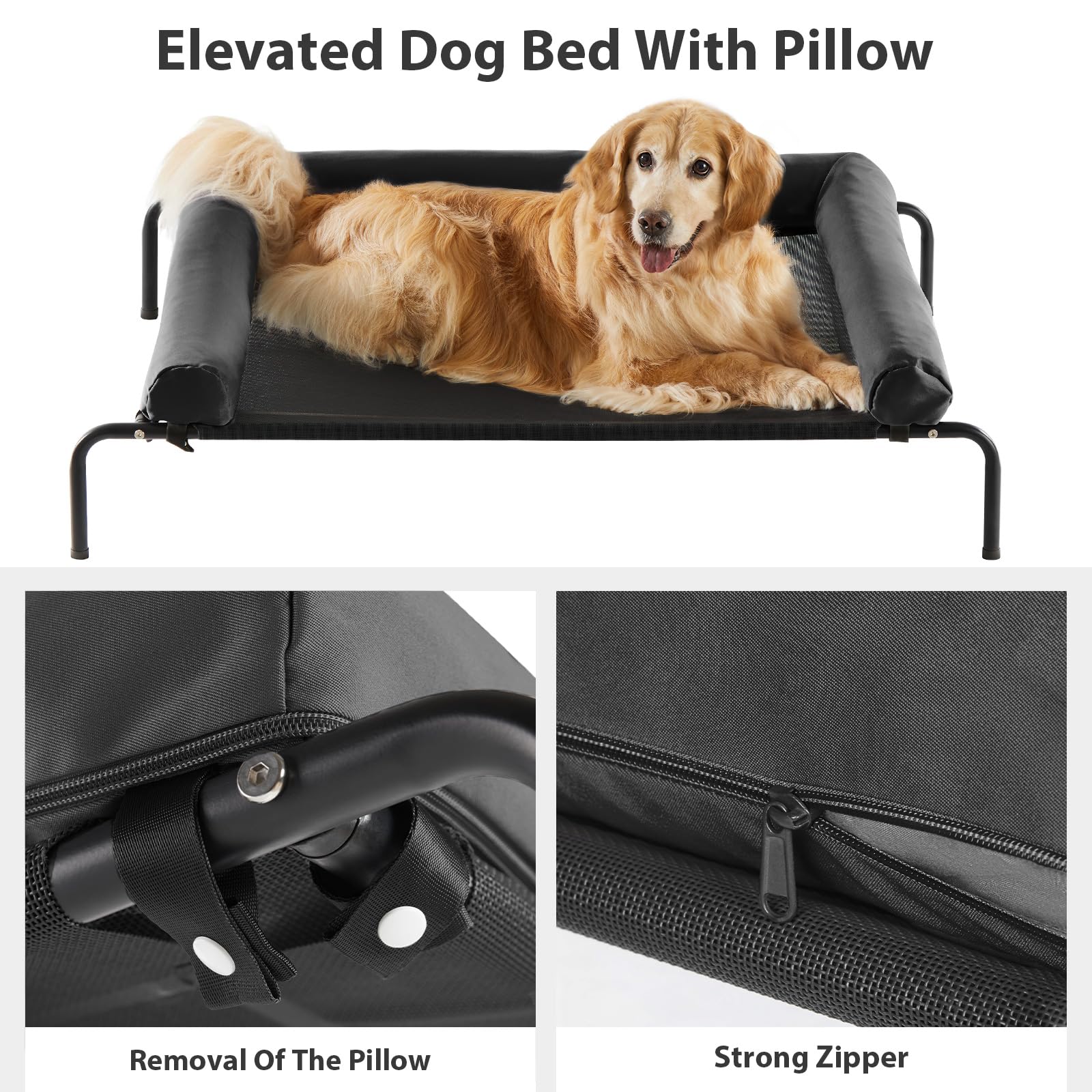 RRPETHOME Large Elevated Cooling Dog Bed, Portable Chew Proof Cot, 36"x26", Black, Breathable Mesh, Skid-Resistant Feet