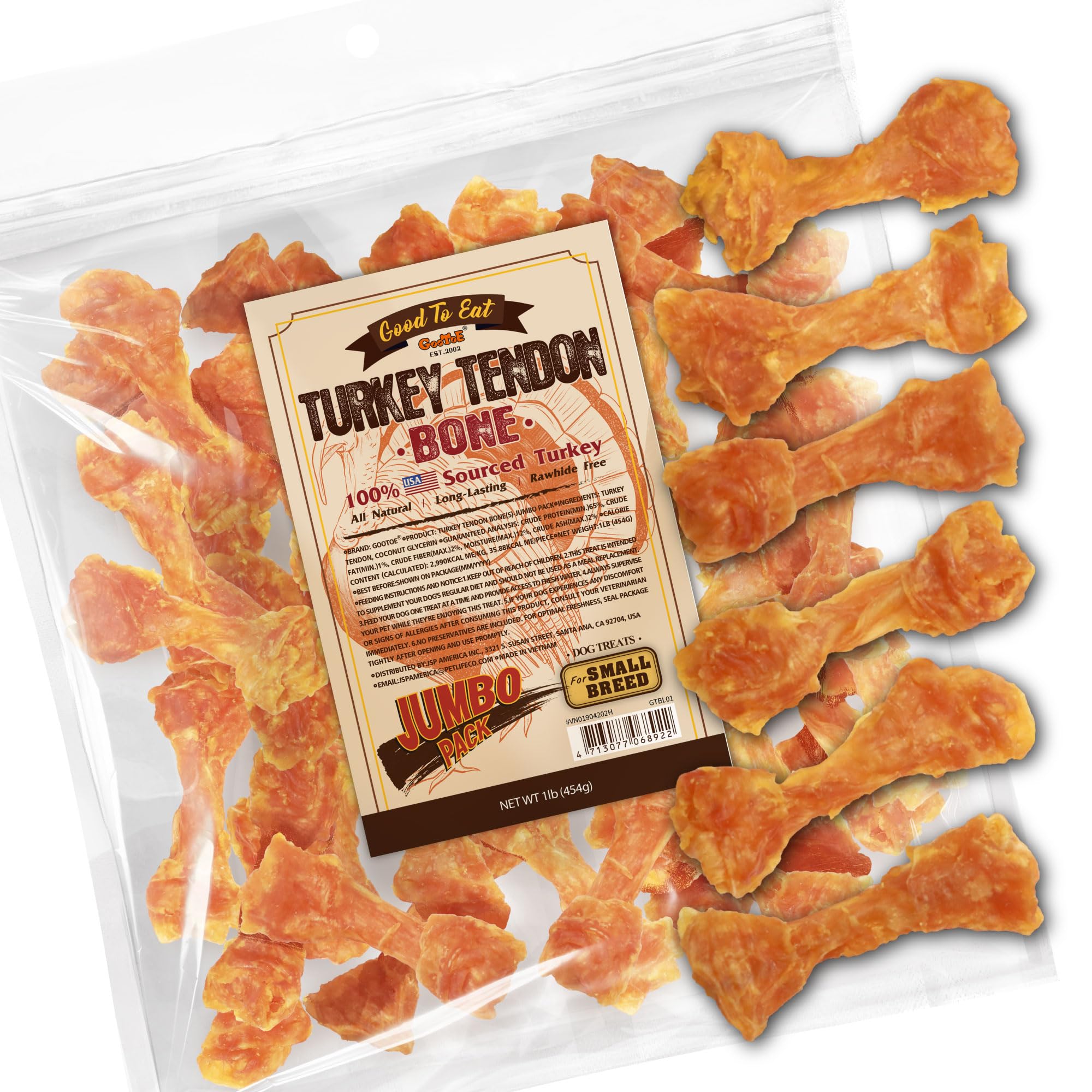 Gootoe Turkey Tendon Dog Treats, Bone (S) 1 lb, 100% USA Sourced Turkey, Natural Snack, Premium Puppy Chews, Hypoallergenic, Raw