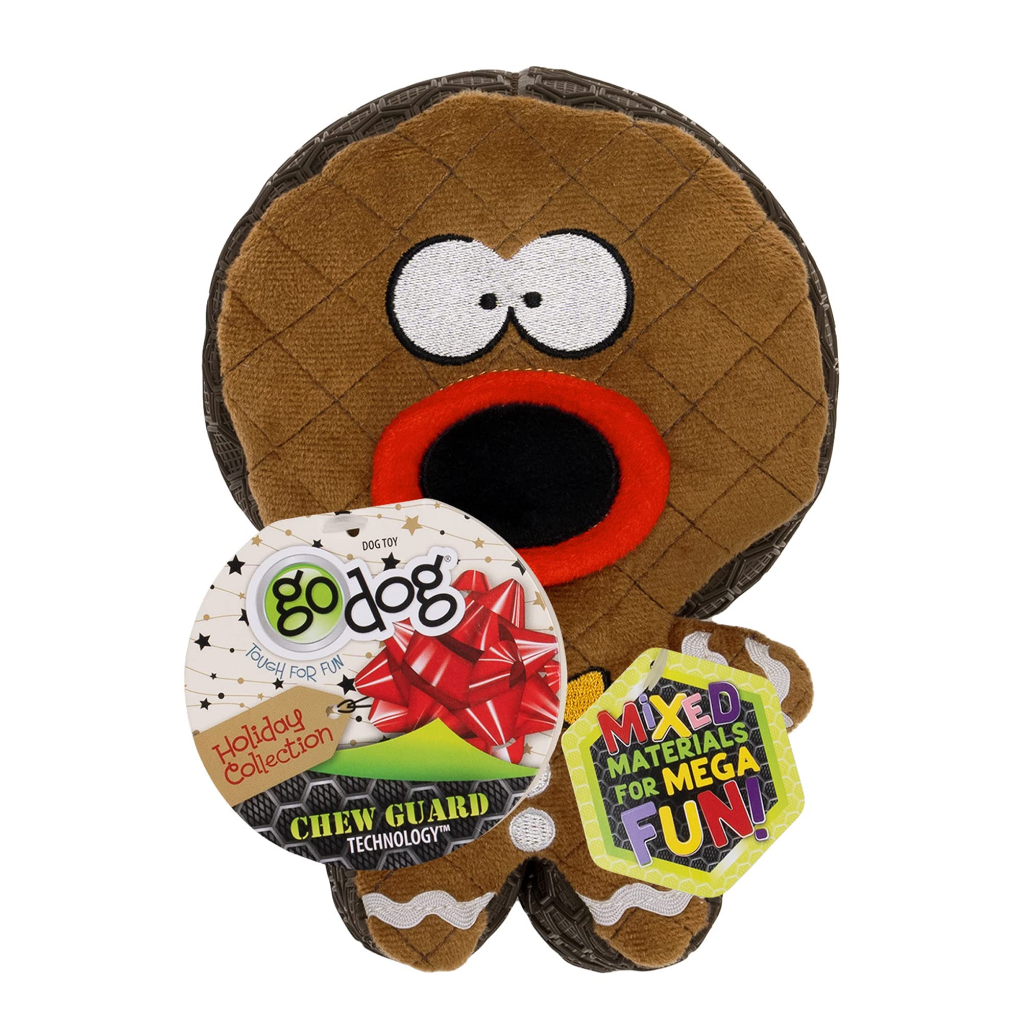 Godog Holiday Collection Mixed Materials Tpe-Plush Gingerbread Man Squeaky Dog Toy, Chew Guard Technology - Brown, One Size