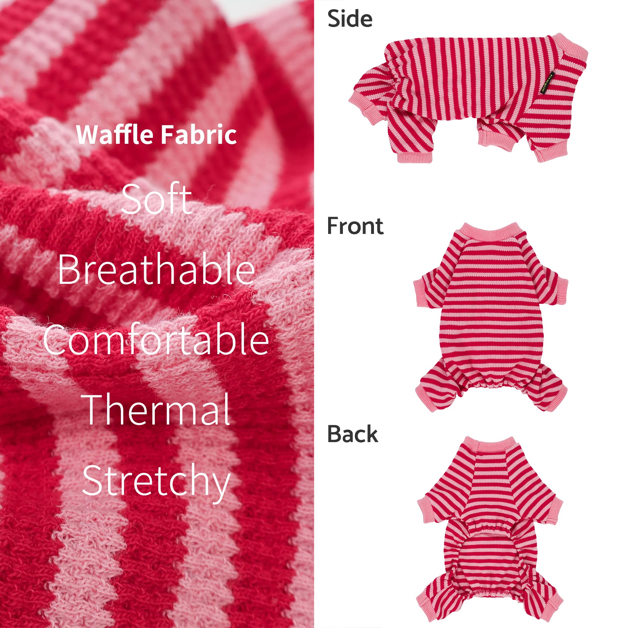 Fitwarm Dog Pajamas - Light Pink & Red Striped Waffle Onesie, Large, for Small Dogs and Puppies, Model B1339