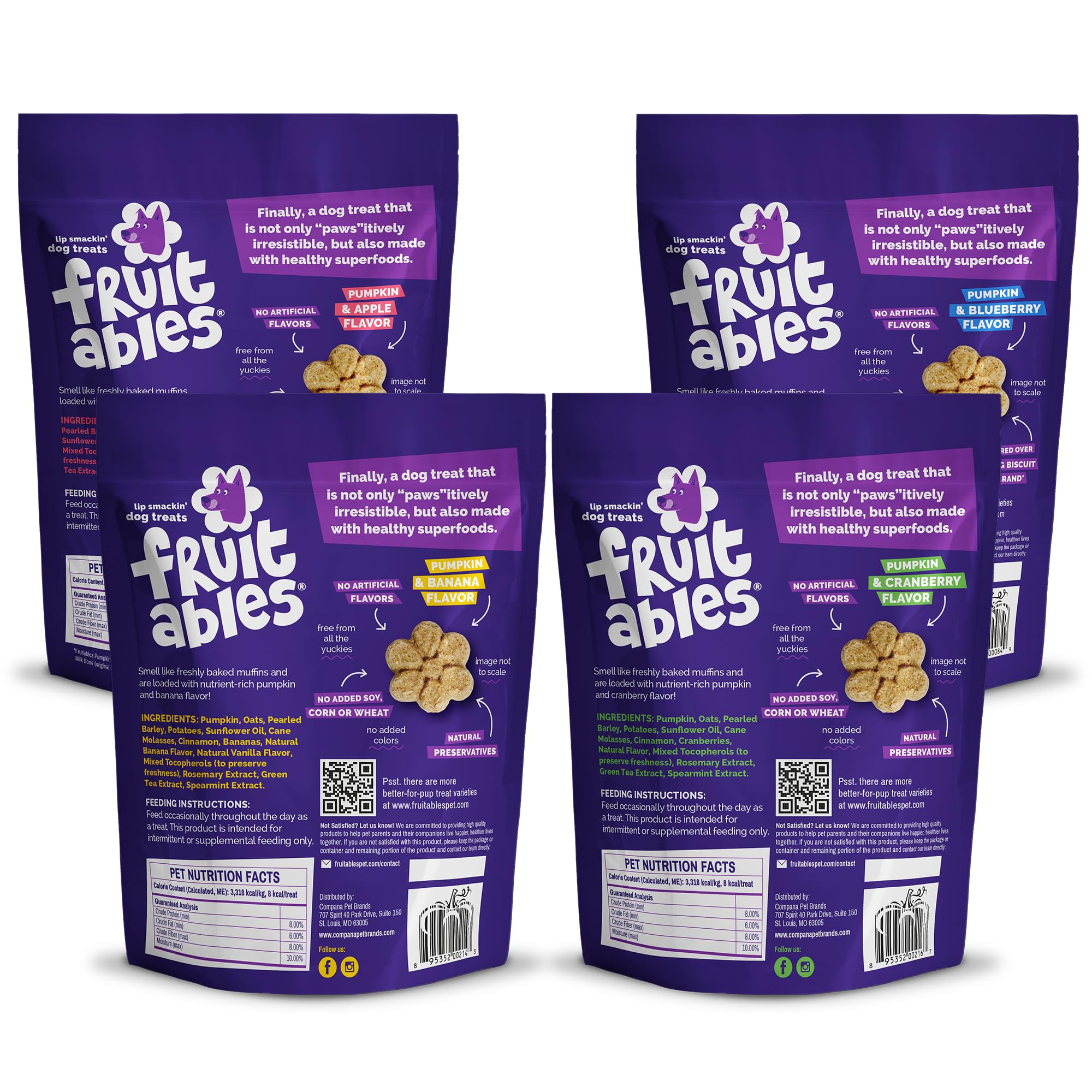 Fruitables Baked Dog Treats Variety Pack of 8 (Pumpkin & Apple, Banana, Blueberry, Cranberry - 7 oz (8 Pack)
