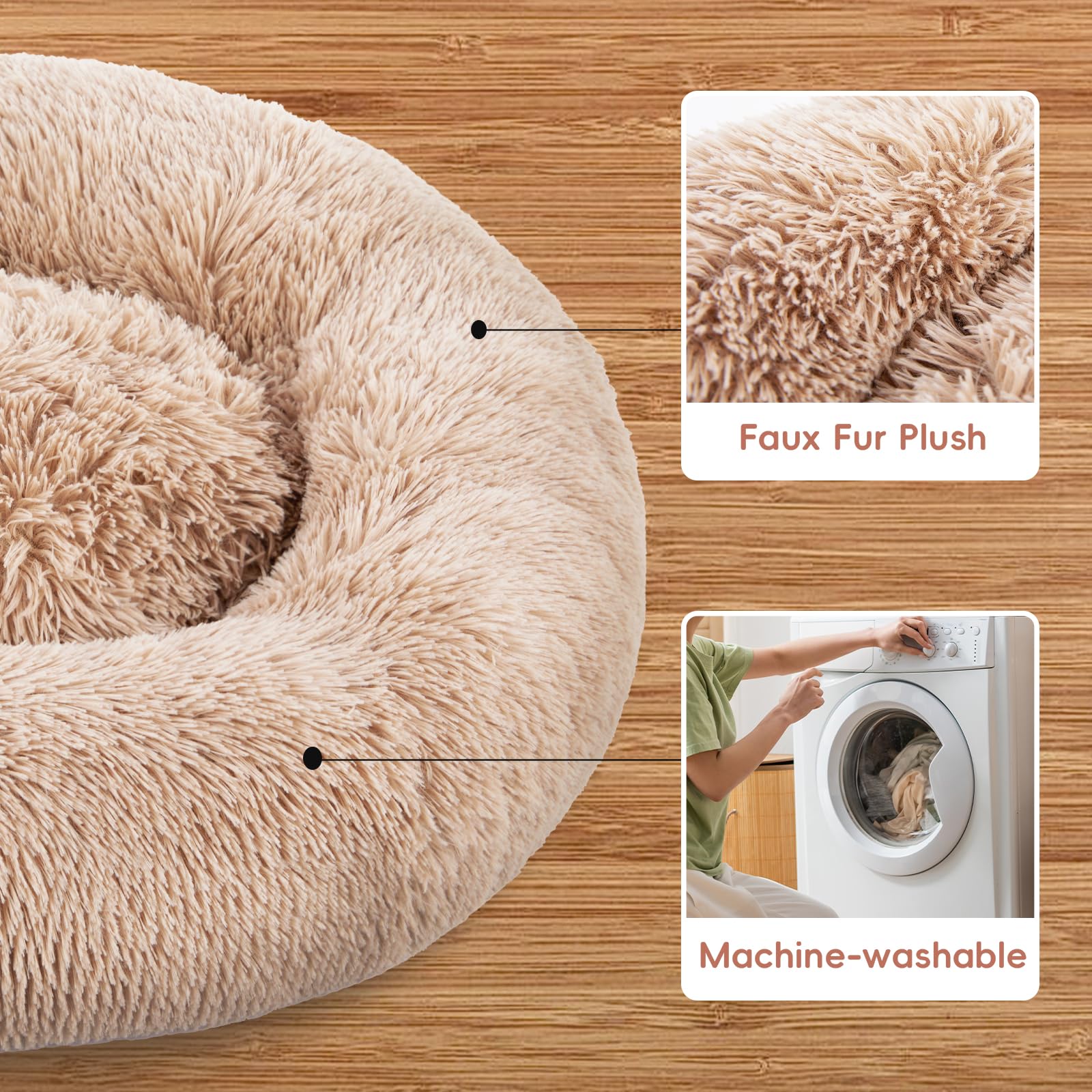Fluffydream 30 Inch Calming Donut Bed For Dogs And Cats, Brown Washable Plush Fur Cuddle Bed