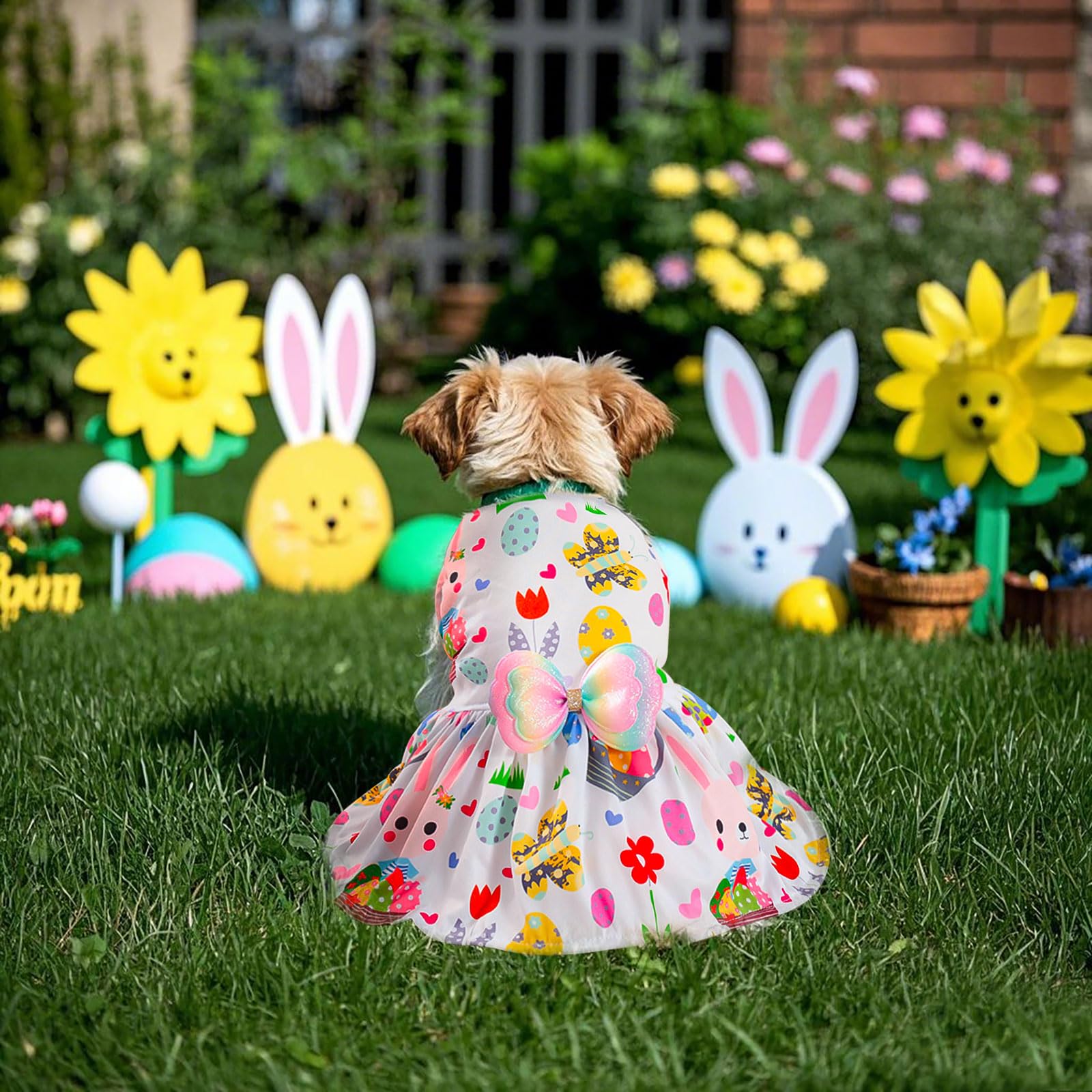 Habbiful Pet Dog Easter Outfit, Egg Bunny Flower Colorful Dog Dress Spring Summer Pet Doggie Apparel For Dogs Cats Gifts, L