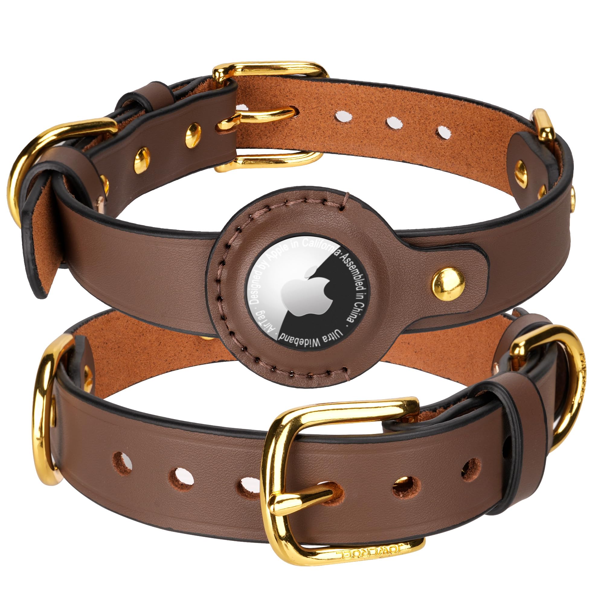 Jowlroel Airtag Dog Collar - Genuine Heavy Duty Leather Dog Collar With Apple Airtag Holder, Suitable For Small Medium Large Dog