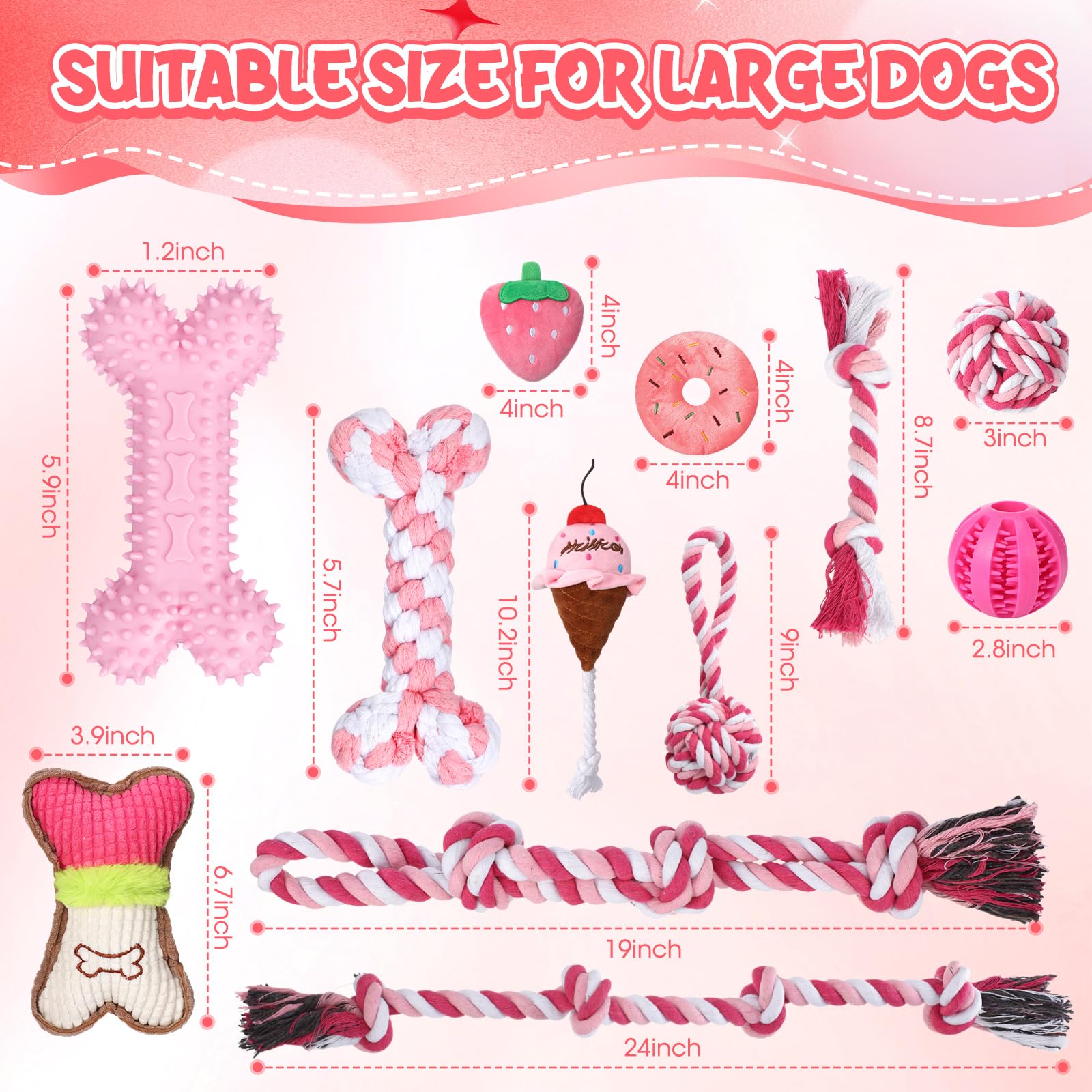 Vinsot 12 Pack Large Dog Chew Toys For Aggressive Chewers Pink Teething Toys With Dental Rope Squeaky Balls And Chew Bone For Me