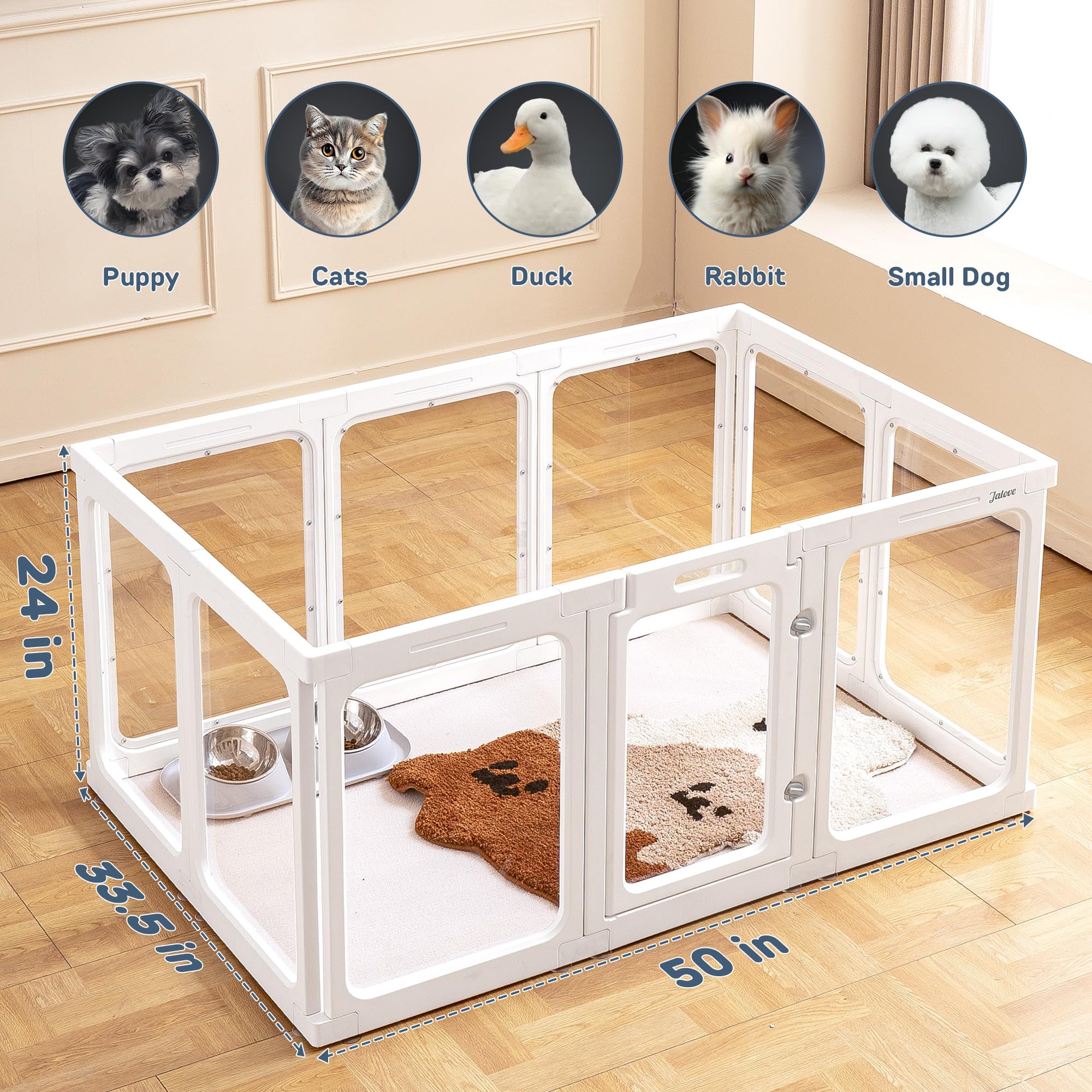 Jalove Acrylic Dog Playpen, 24" H Indoor Pet Playpen, Clear Plastic, Easy Assembly, 50" x 33.5", White, Model JT-001-W10,