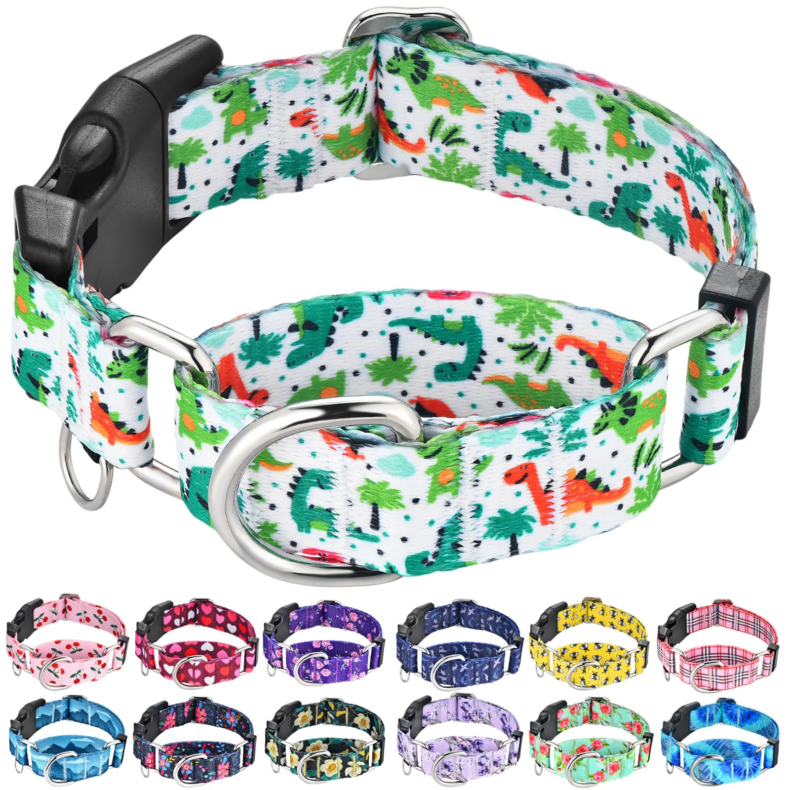Fidohug Martingale Dog Collars With Buckle No Pull Training Dog Collar For Small Dogs (Green Dinosaur, Small)