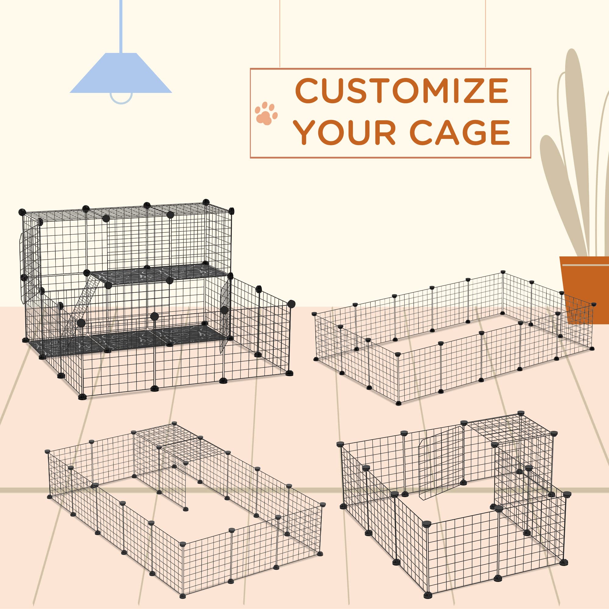 Pawhut Pet Playpen W/ Door Customisable Fence For Guinea Pigs Hamsters Chinchillas Hedgehogs - Black