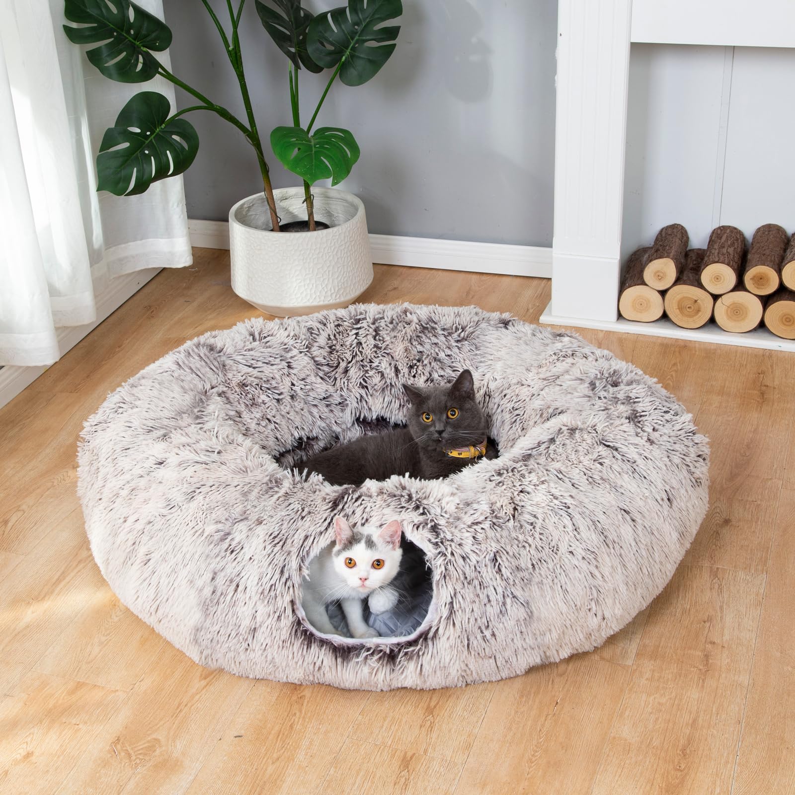 LUCKITTY Warm Fluffy Plush Cat Dog Tunnel Bed with Washable Cushion-Big Tube Playground Toys 3 FT Diameter Longer Crinkle Collap