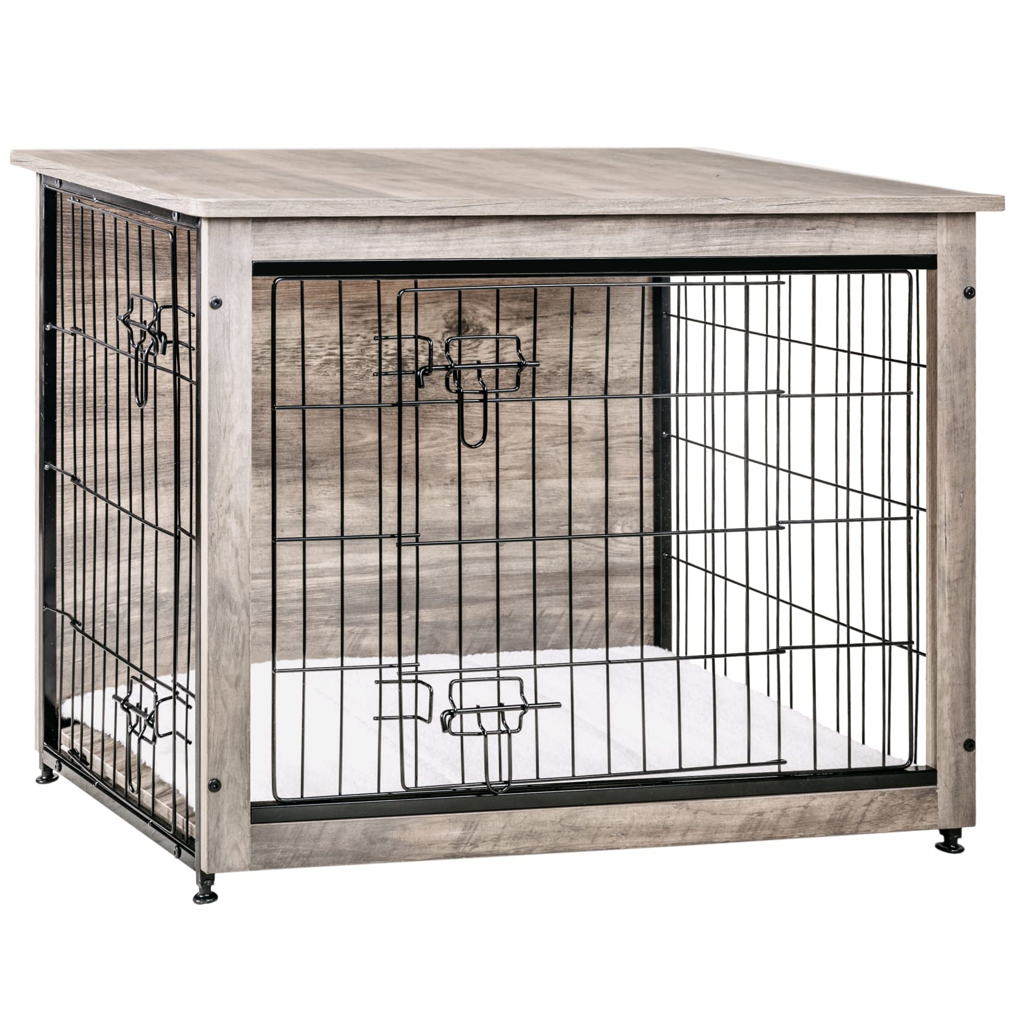 DWANTON Dog Crate Furniture with Cushion, Wooden Kennel Table with Double Doors, Indoor Dog House, Medium Size, 32.5 L, Greige