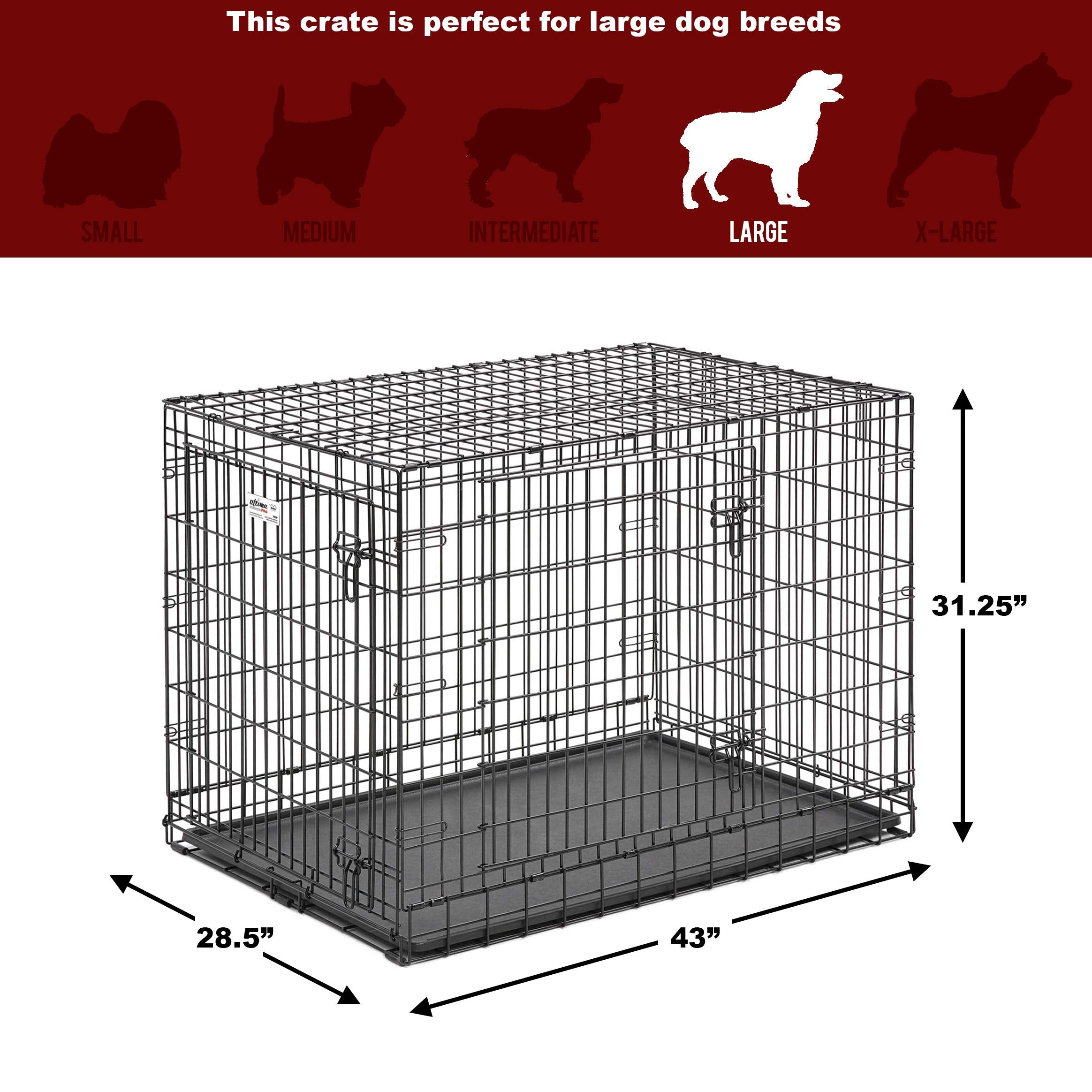 Midwest Homes For Pets Ultima Pro Series 42' Dog Crate | Extra-Strong Double Door Folding Metal Dog Crate W/Divider Panel, Floor Protecting 'Roller Feet' & Leak-Proof Plastic Pan