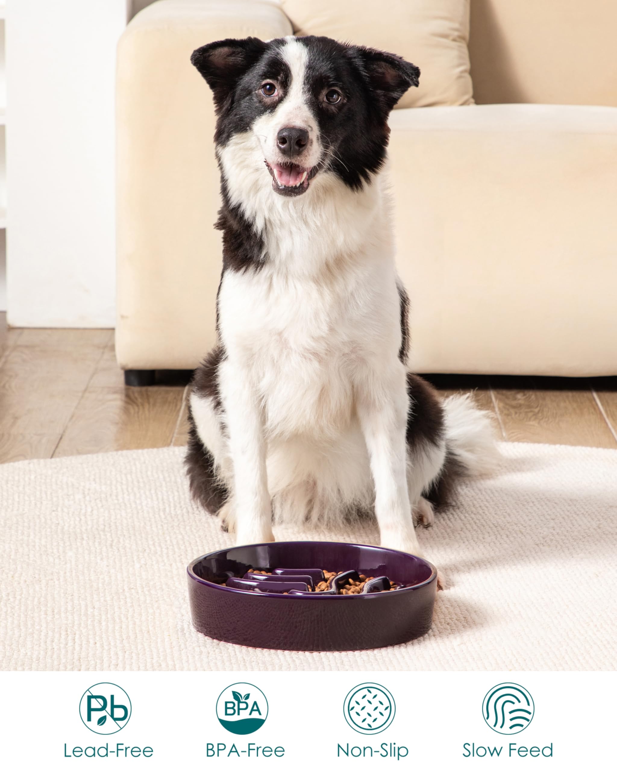 vancasso Slow Feeder Dog Bowl, 3 Cup Ceramic Slow Feeding Food Dish for Large Breed, Puzzle Dog Food Bowl for Fast Eater, Dark P