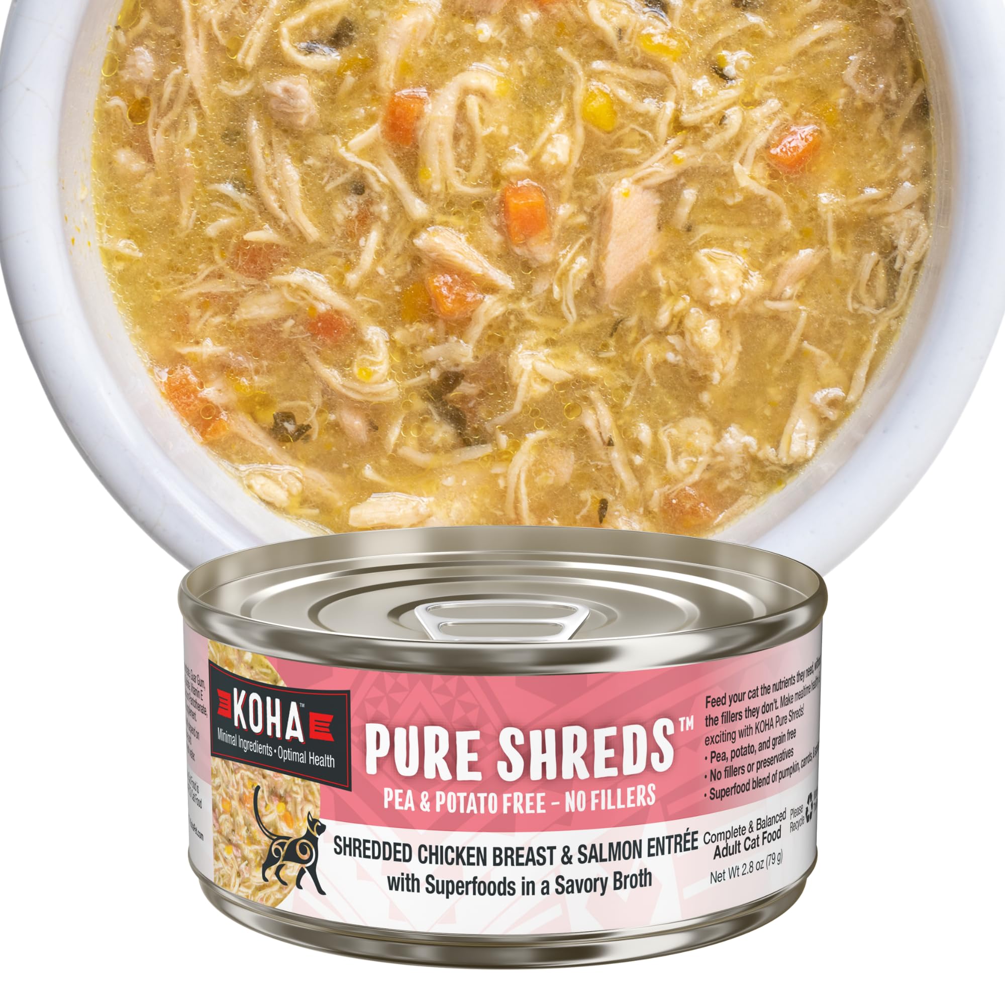 KOHA Pure Shreds Chicken and Salmon Entr  e for Cats, High Protein Wet Cat Food, 2.8oz Cans (Pack of 24)