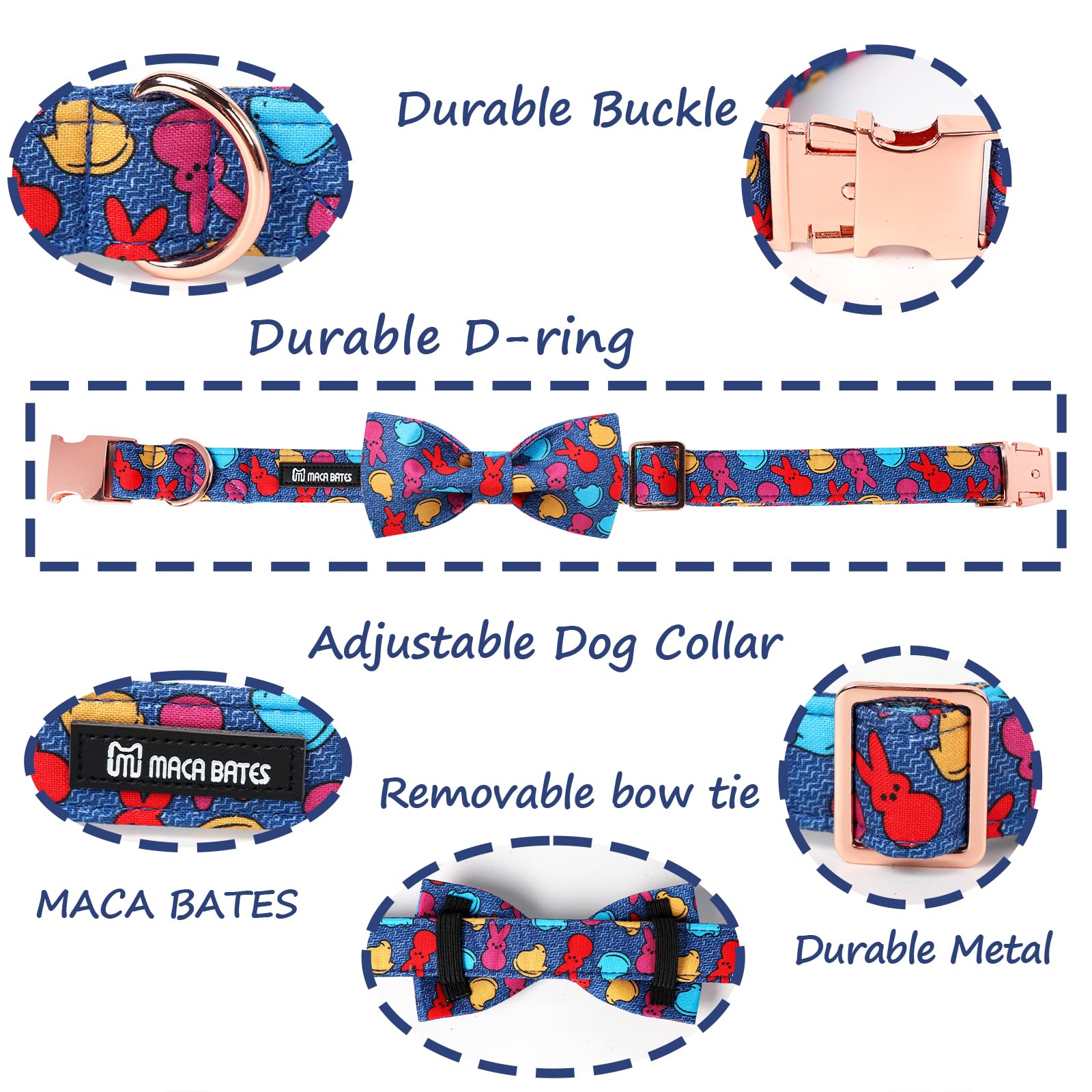 Maca Bates Easter Day Dog Collar With Bow Bowtie Egg And Bunny Dogs Bow Tie Collars Breakaway Soft Cute Adjustable Blue Eggs Col