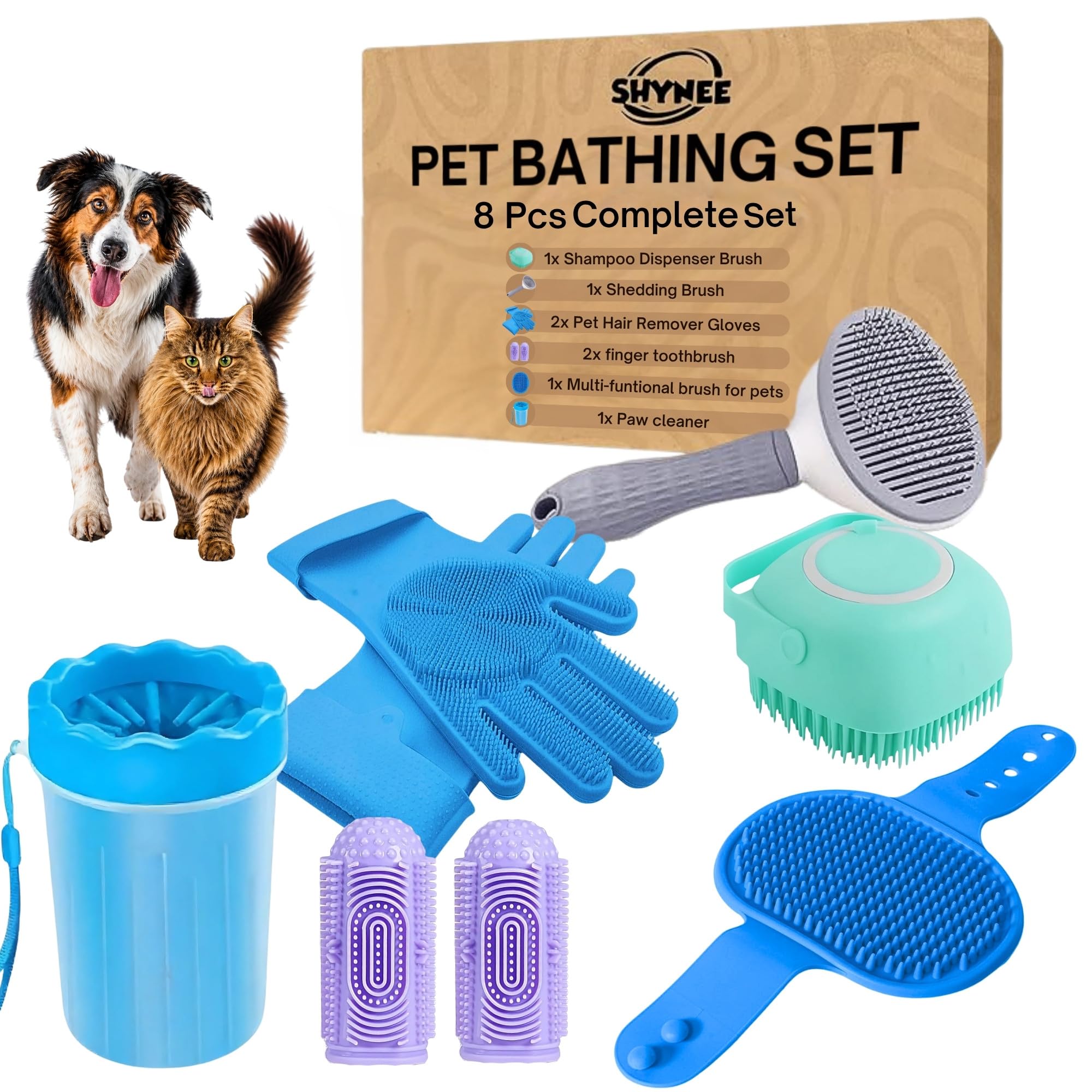 8Pcs Dog Grooming Kit  Dog Shampoo Brush | Washing Gloves | Adjustable Dog Bath Brush | Dog Paw Cleaner | 2X 360 Toothbrush | S