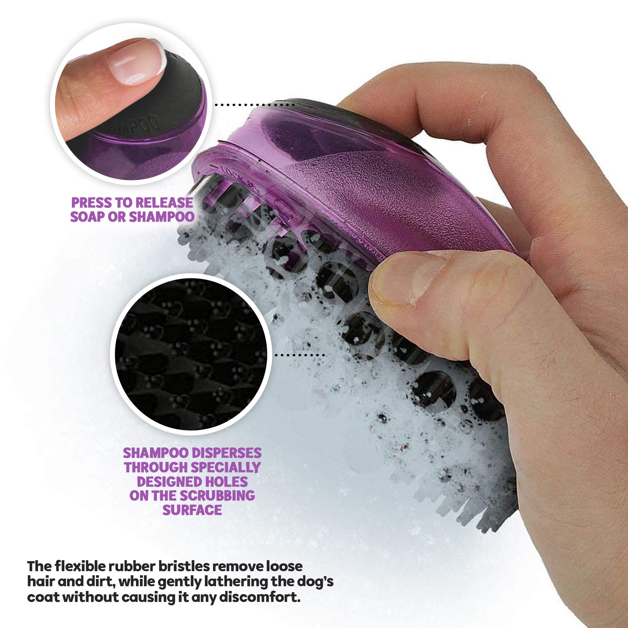 Pet Brush By Poodle Pet |Dog Soap And Shampoo Dispenser For Daily Grooming | Rinses Coat While Removing Lint And Shed Hair |For Short Or Medium Hair | Soft Rubber Bristles Gentle On Skin | Purple